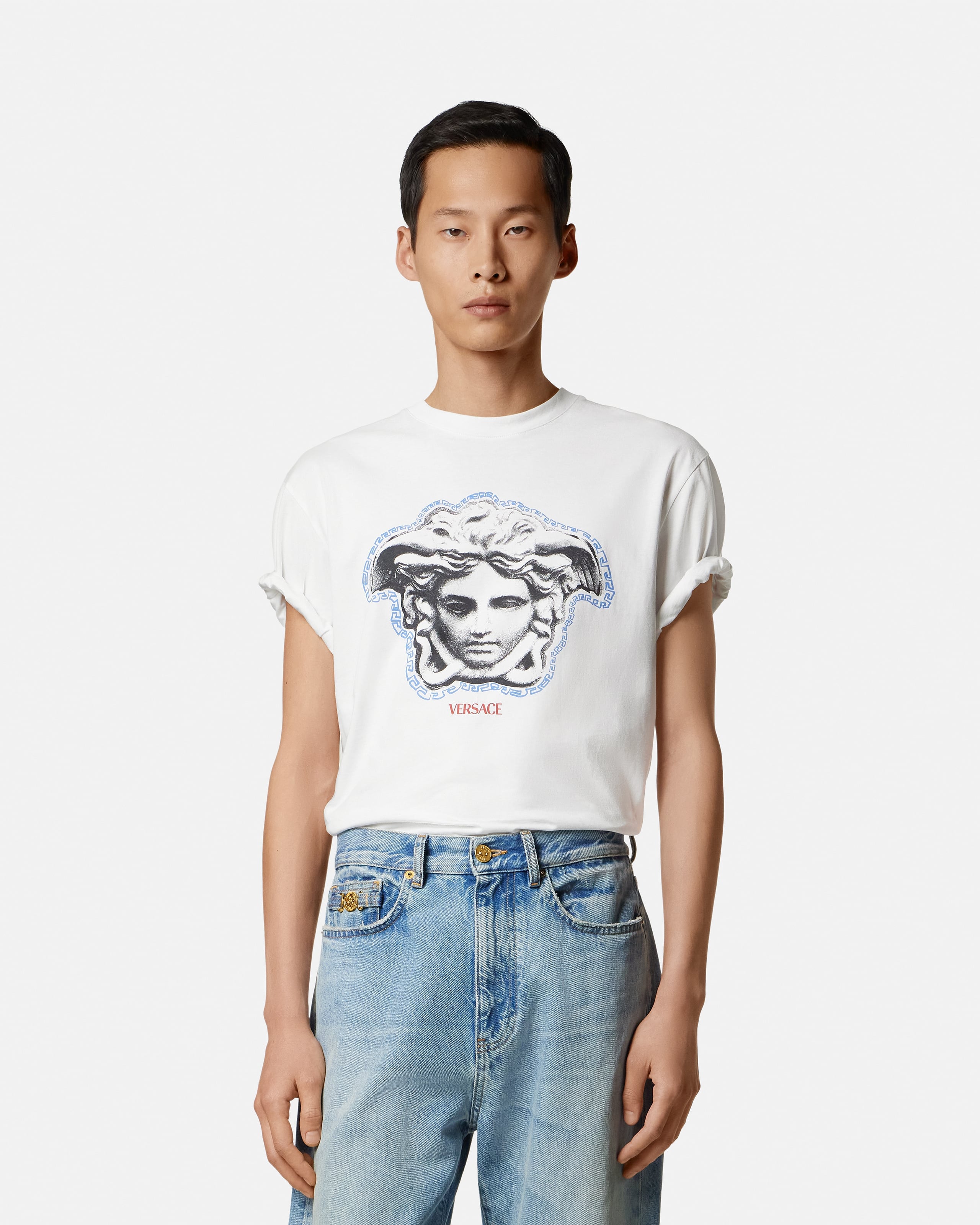 新品 VERSACE プリント Tシャツ Printed Cotton-Jersey Regular T-Shirt White | VERSACE