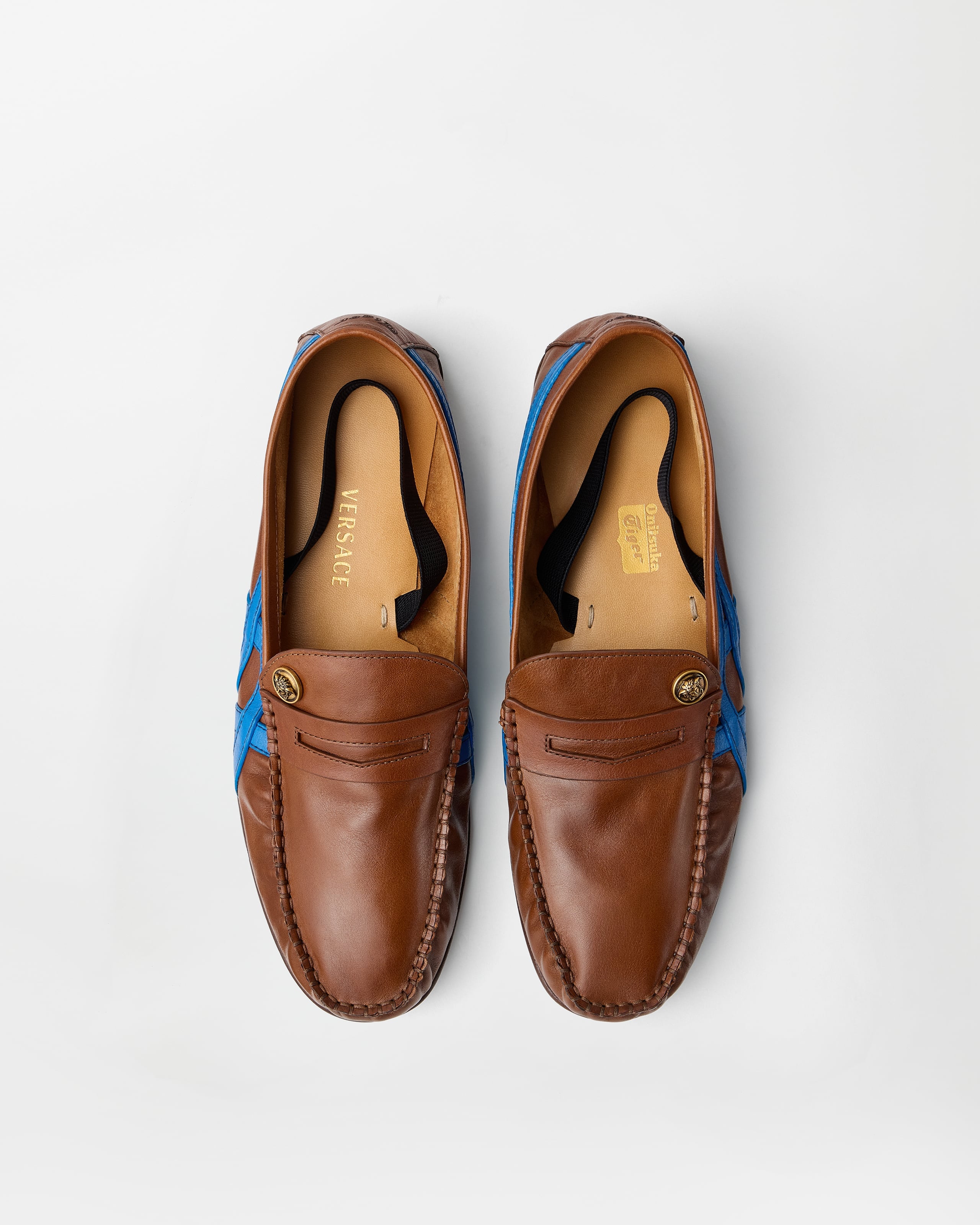 Sakura Leather Loafers Brown,Blue | VERSACE US