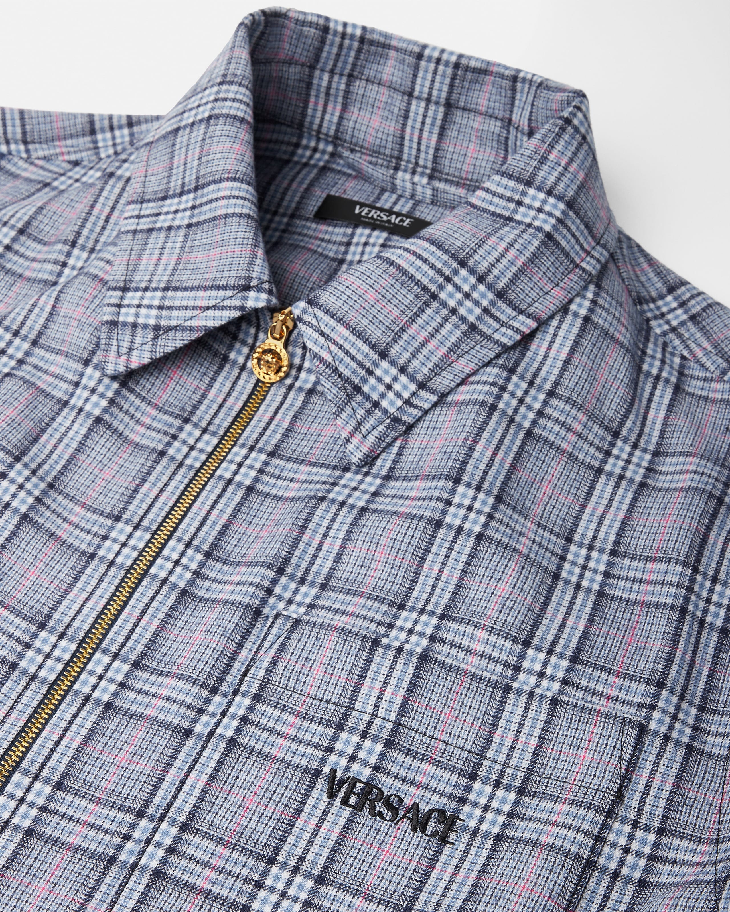 Versace Checked Wool Flannel Zip Overshirt In Blue