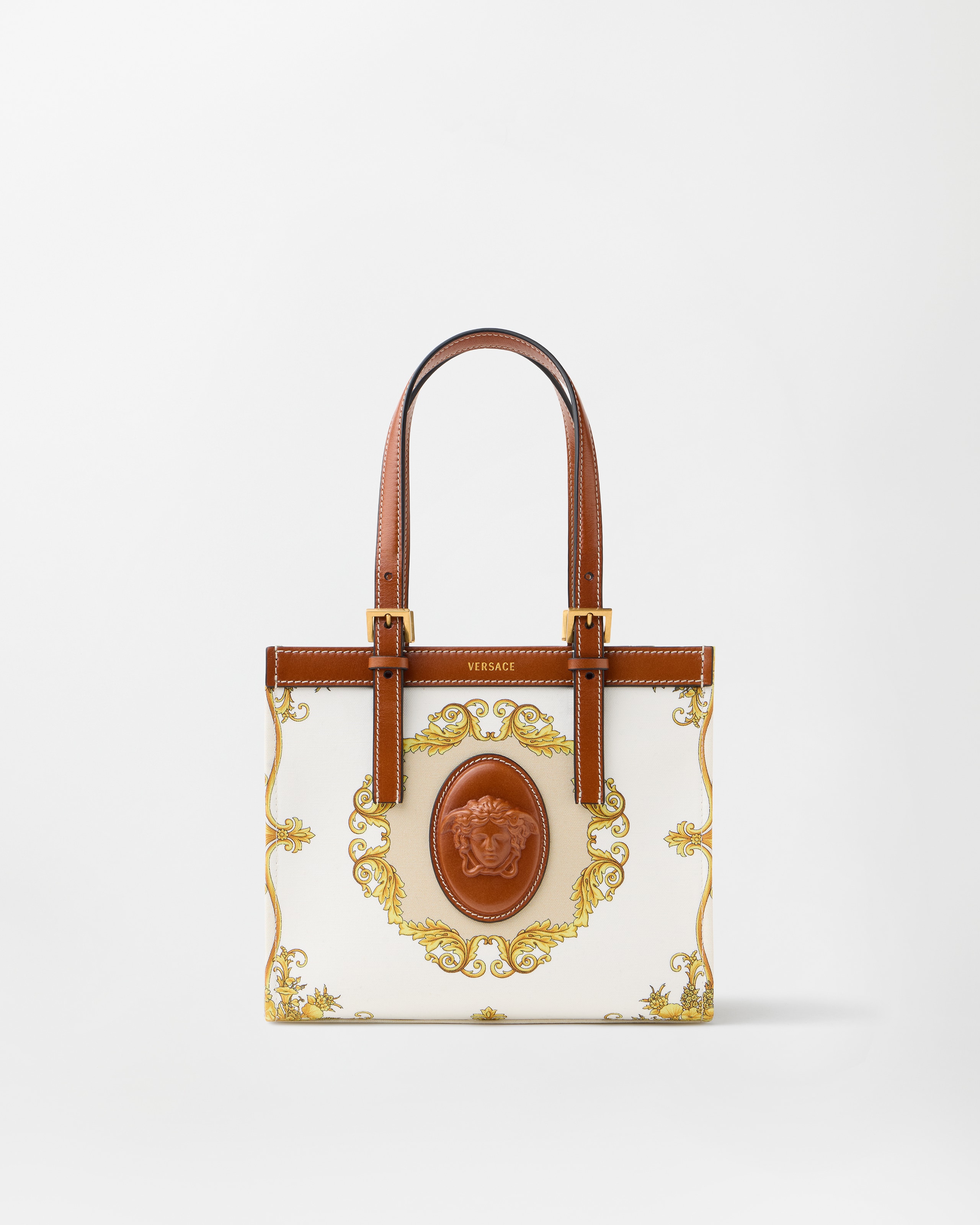 Versace Rivière Printed Mini Canvas Tote In White+gold