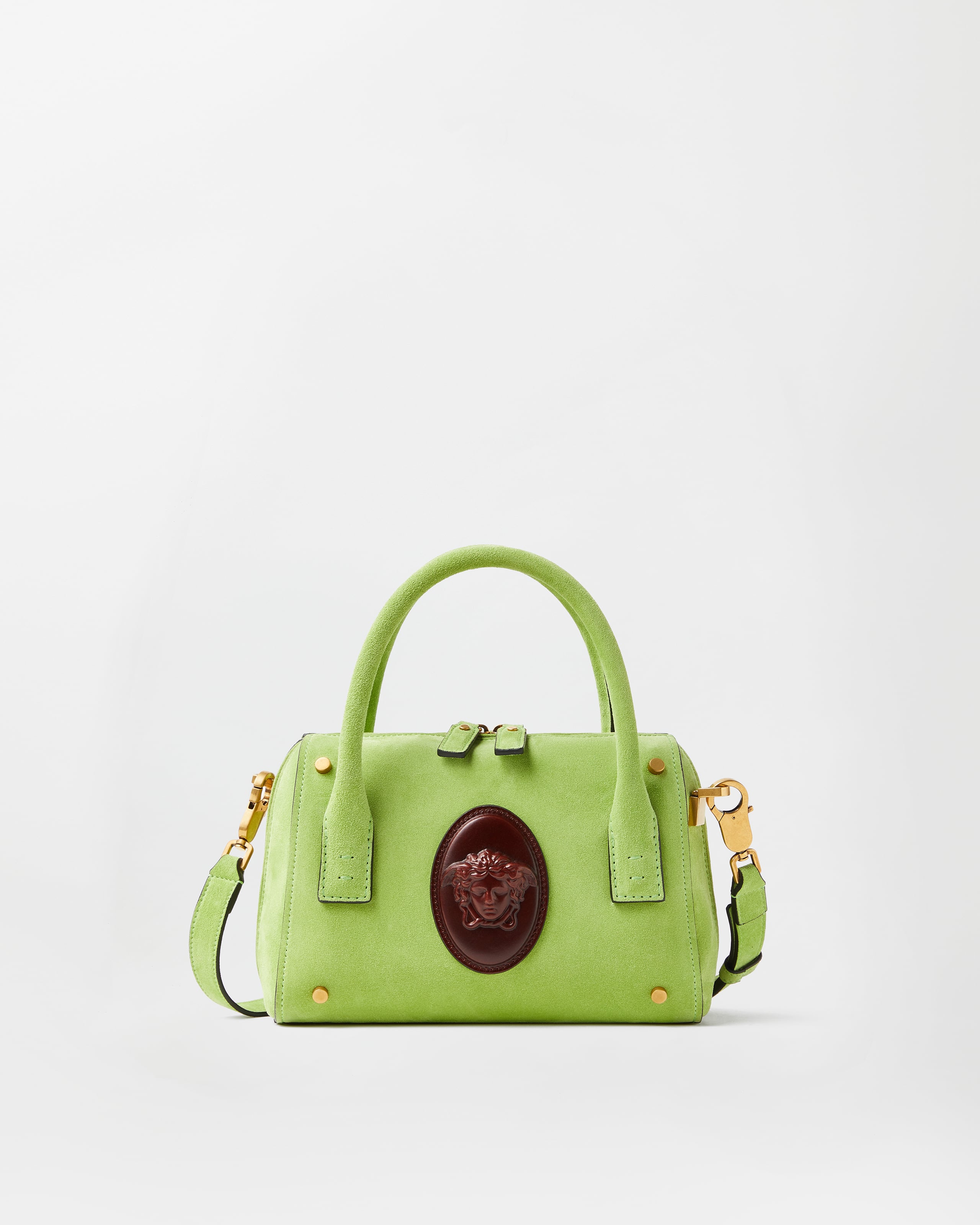 Versace Roomy Small Suede Boston Bag In Green