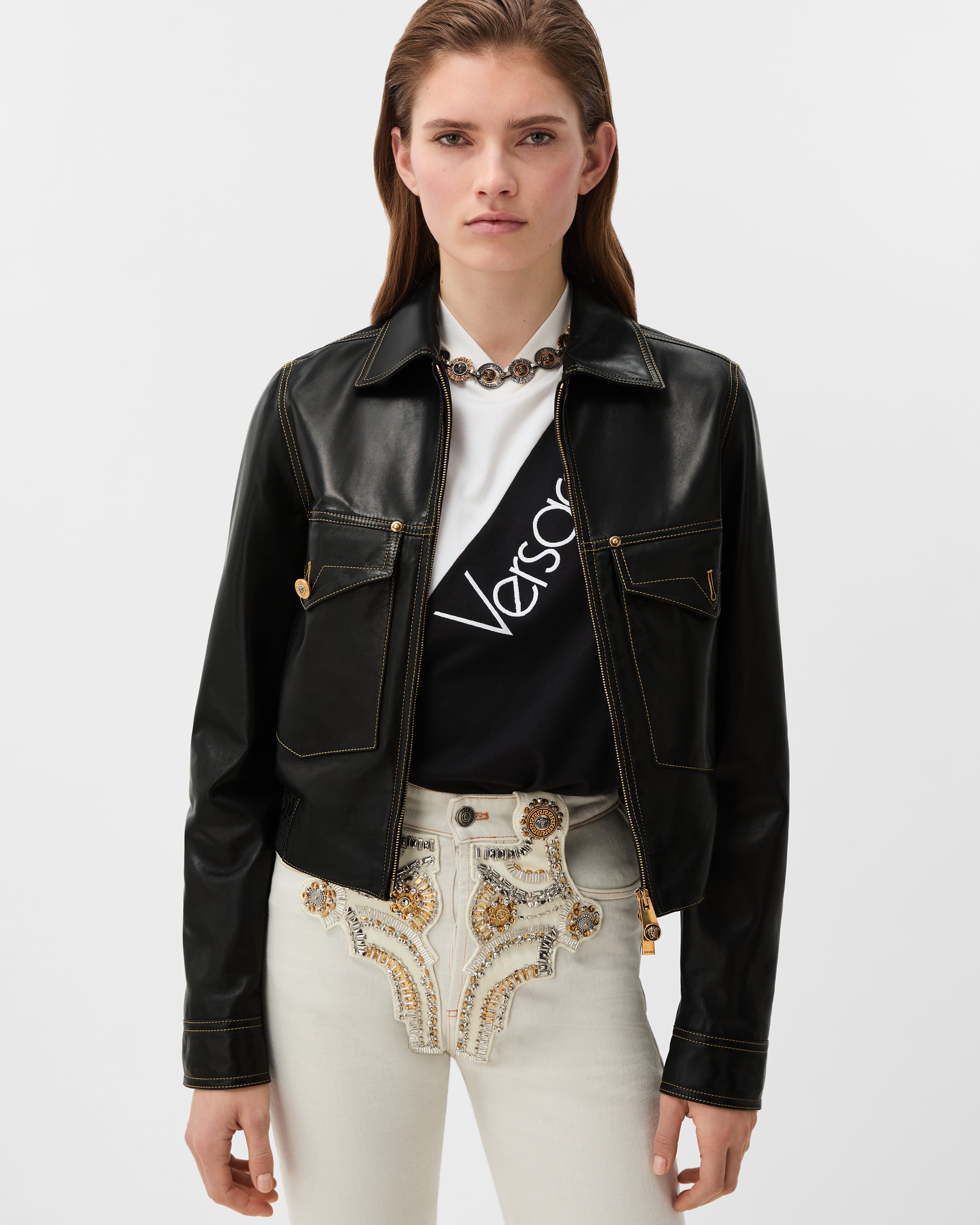 Versace Leather Collared Coat Front Pockets Stitching In Black