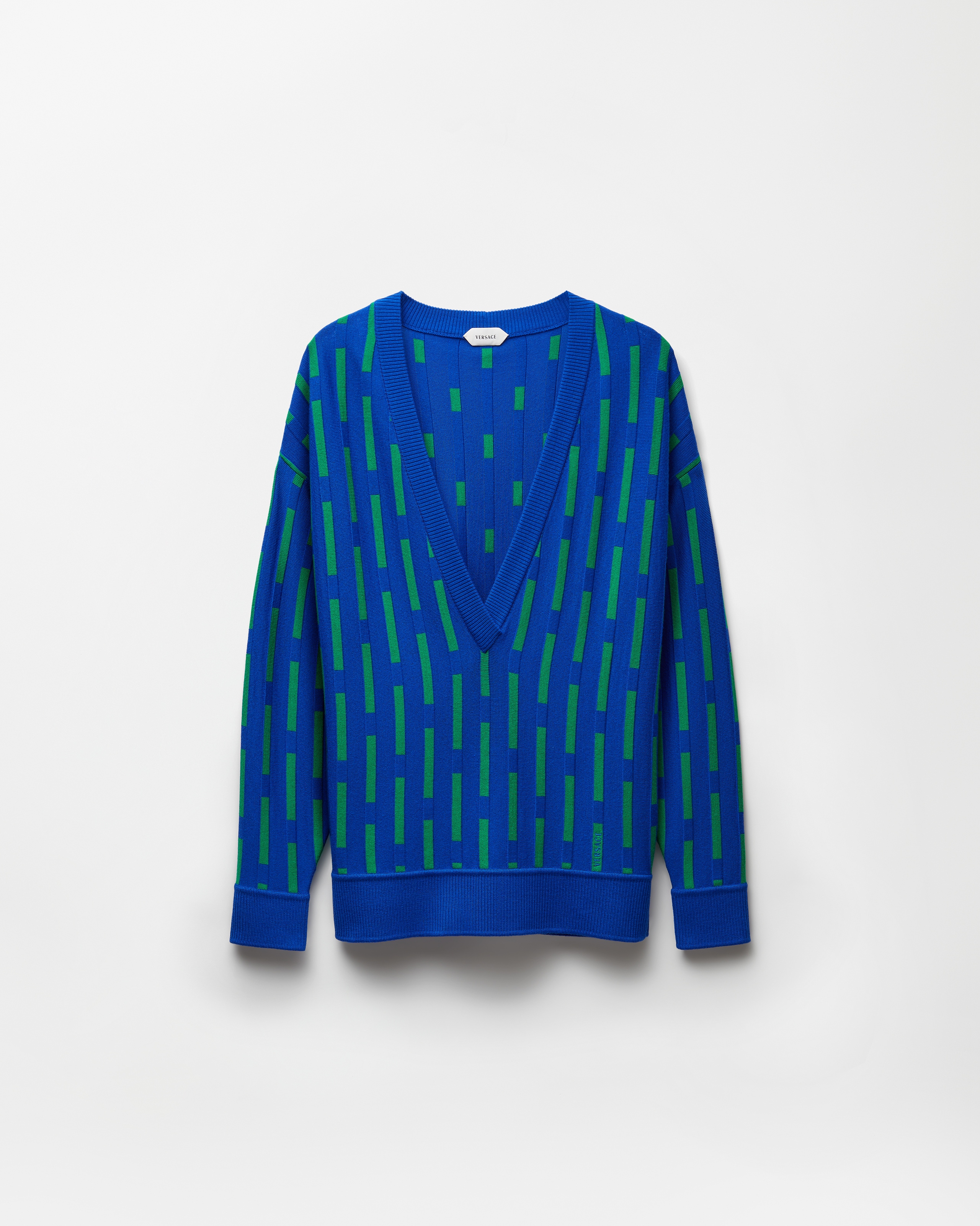 Versace Pull En Laine À Col En V Et Logo Brodé In Blue