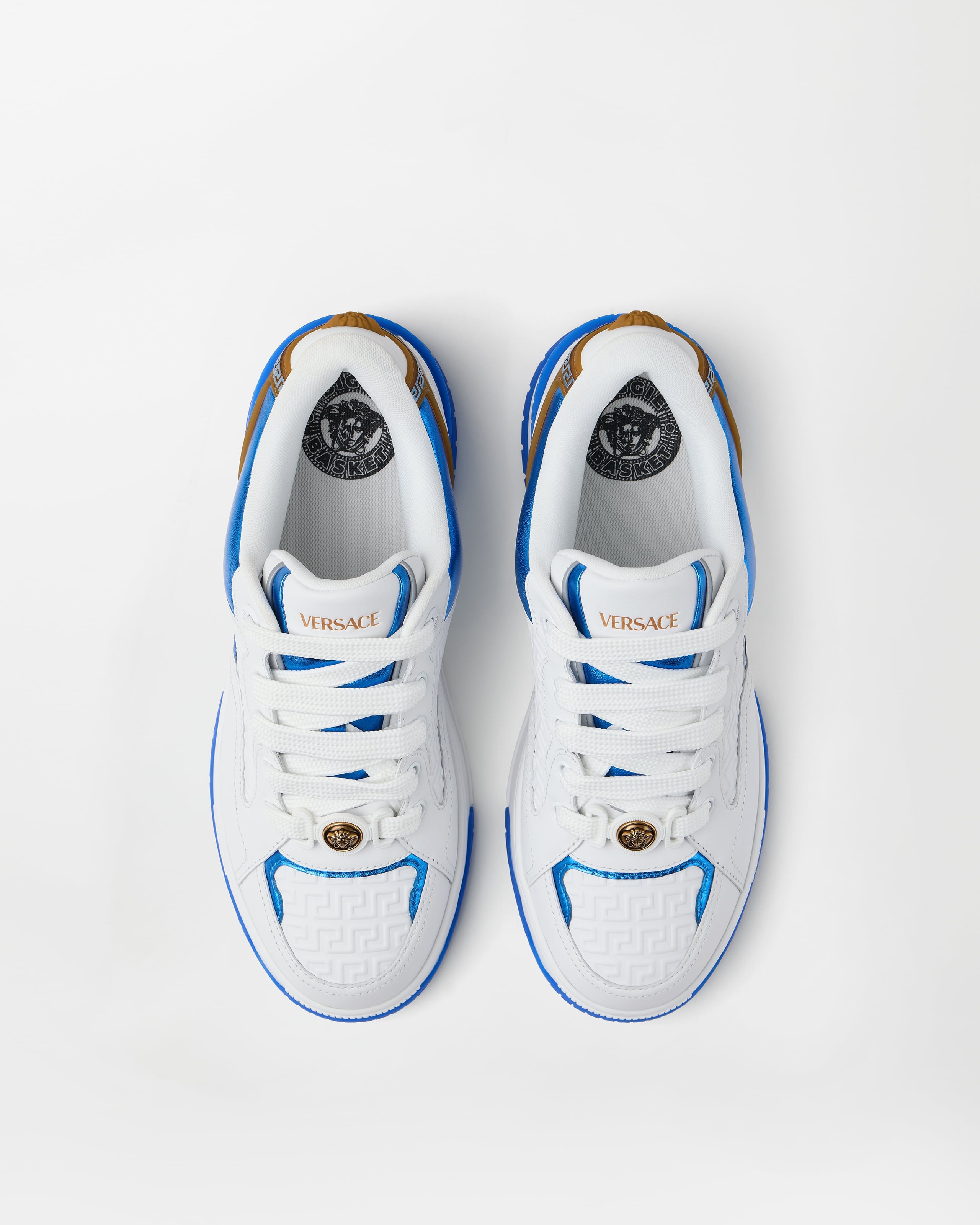 Biggie Basket Leather Sneakers White,Blue | VERSACE US