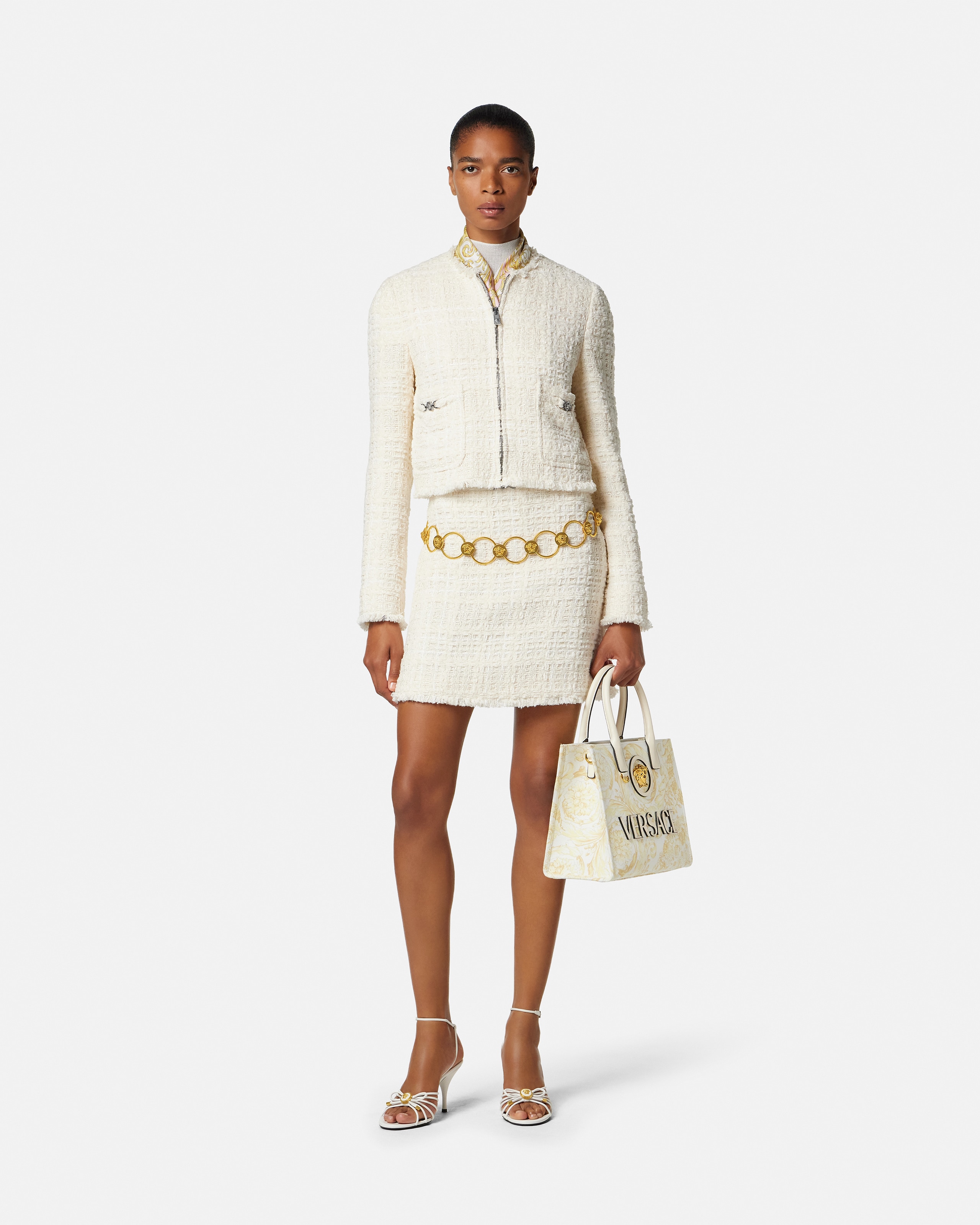 Versace Tweed Cotton Cardigan Jacket In Neutral