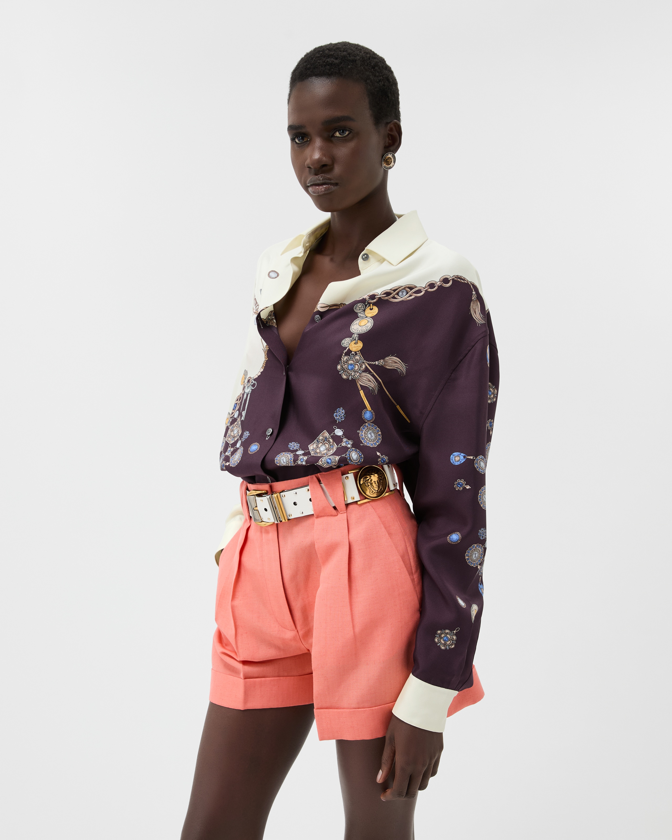 Printed Silk Twill Shirt Purple,White | VERSACE