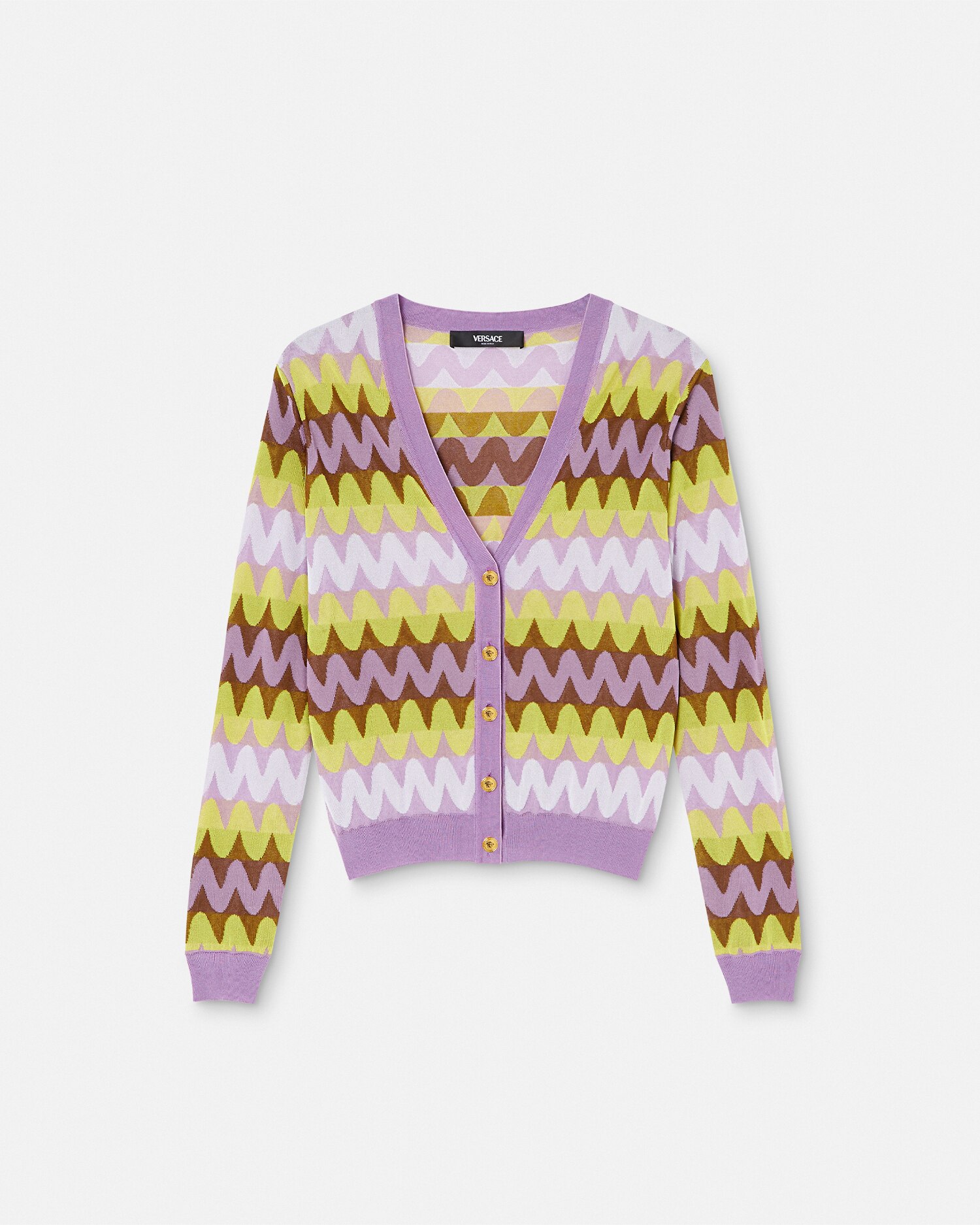 Versace Multicolor Wave Jacquard Knit Cardigan In Violet+multicolore