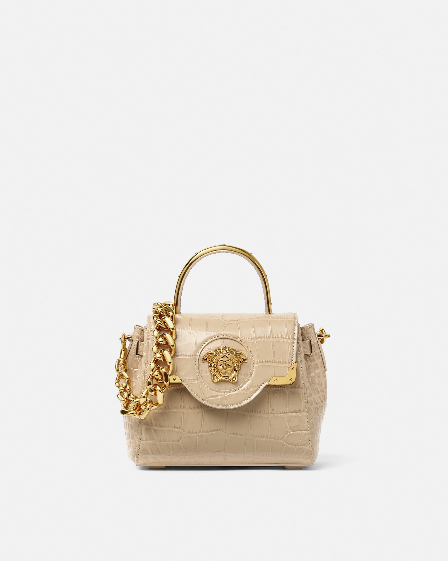 Versace Croc-effect La Medusa Small Handbag In Beige