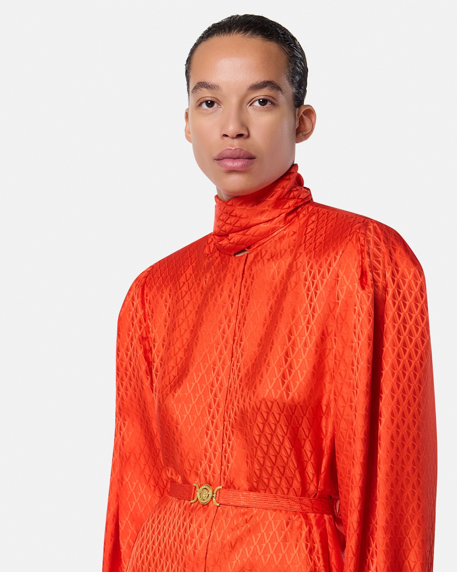 V Allover Jacquard Silk Lavallière Mini Dress