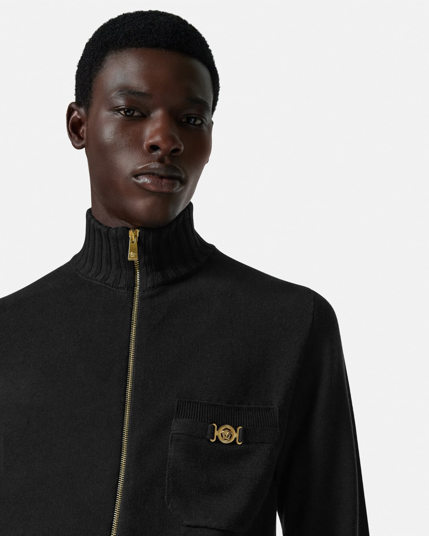 Cashmere-Cotton Knit Zip Sweater Black | VERSACE US