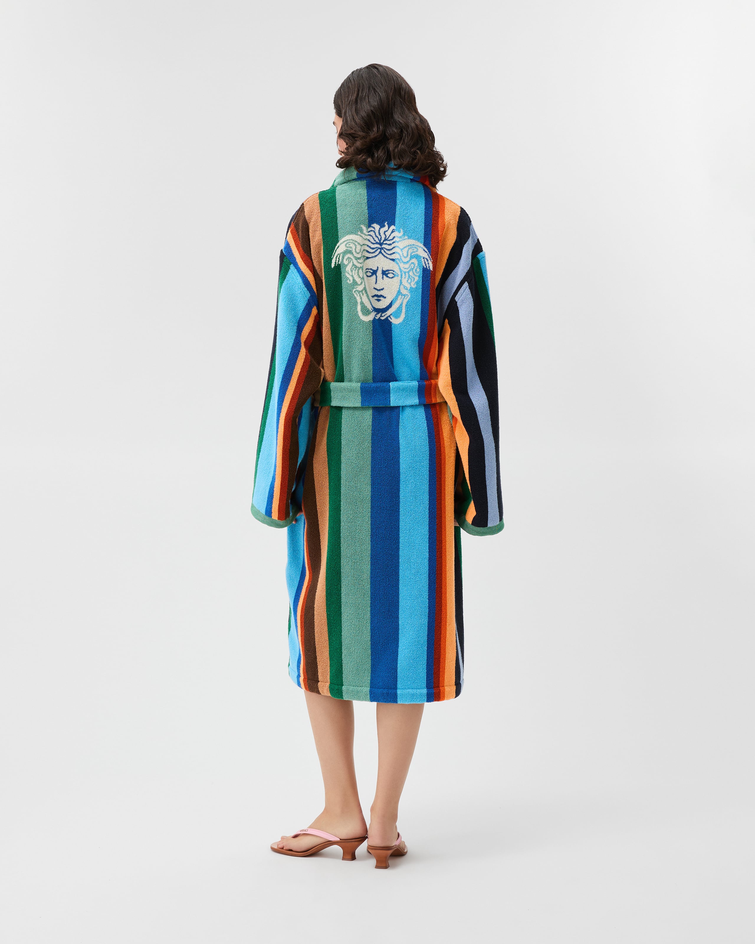 Striped Cotton-Terry Jacquard Bathrobe Multicolor | VERSACE US