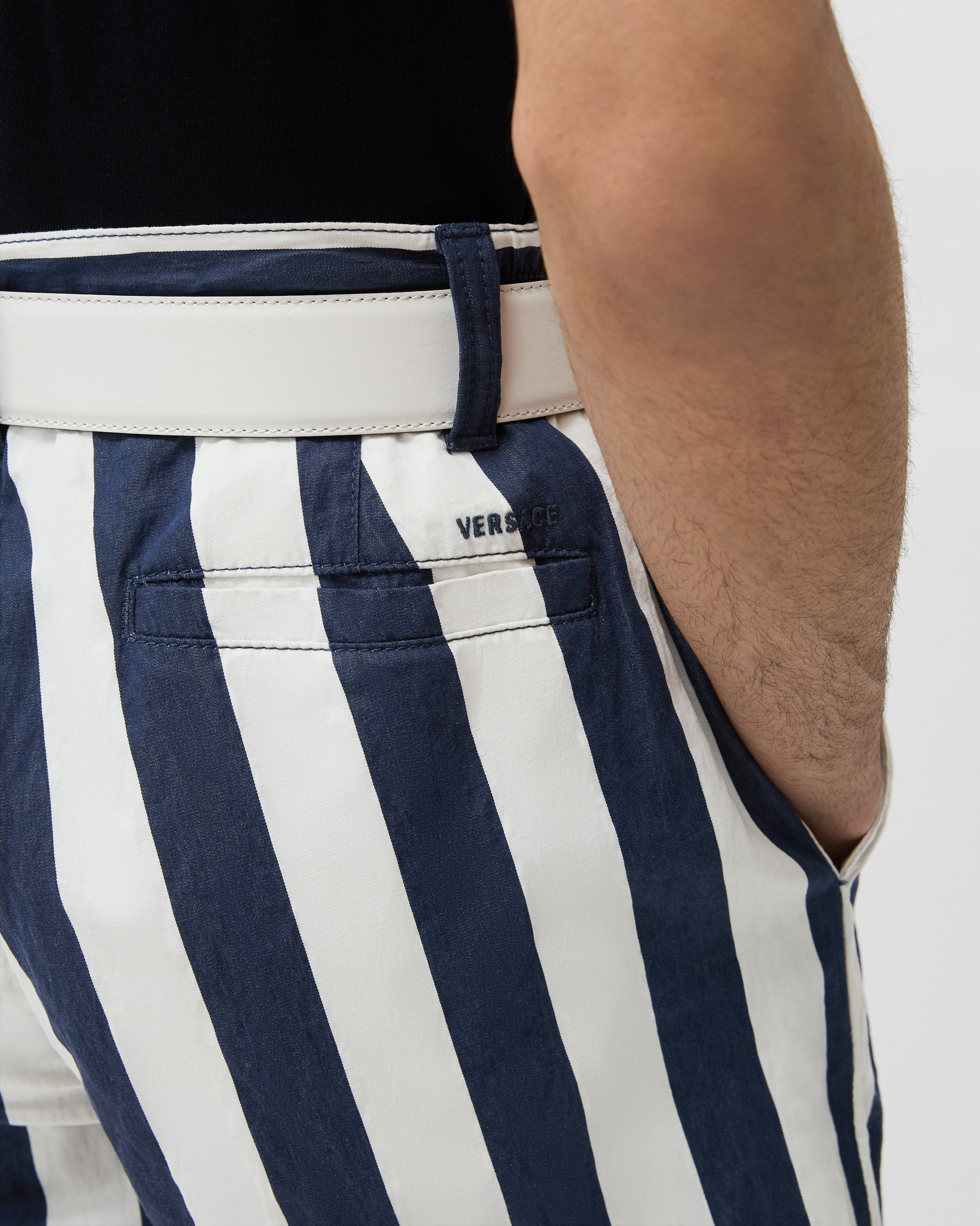 Striped Cotton Denim Shorts White,Blue | VERSACE US