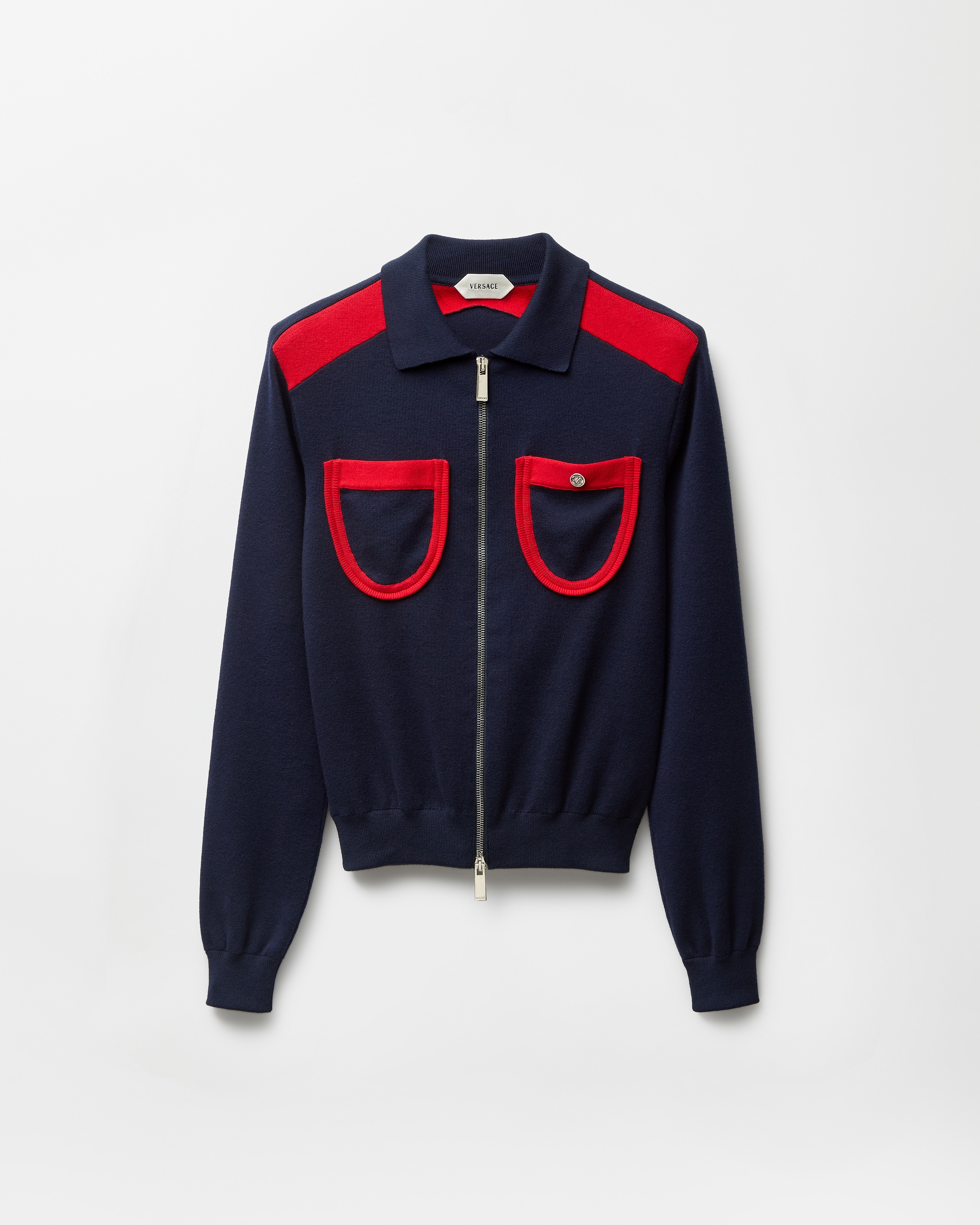Cotton Knit Zip Cardigan Blue | VERSACE US