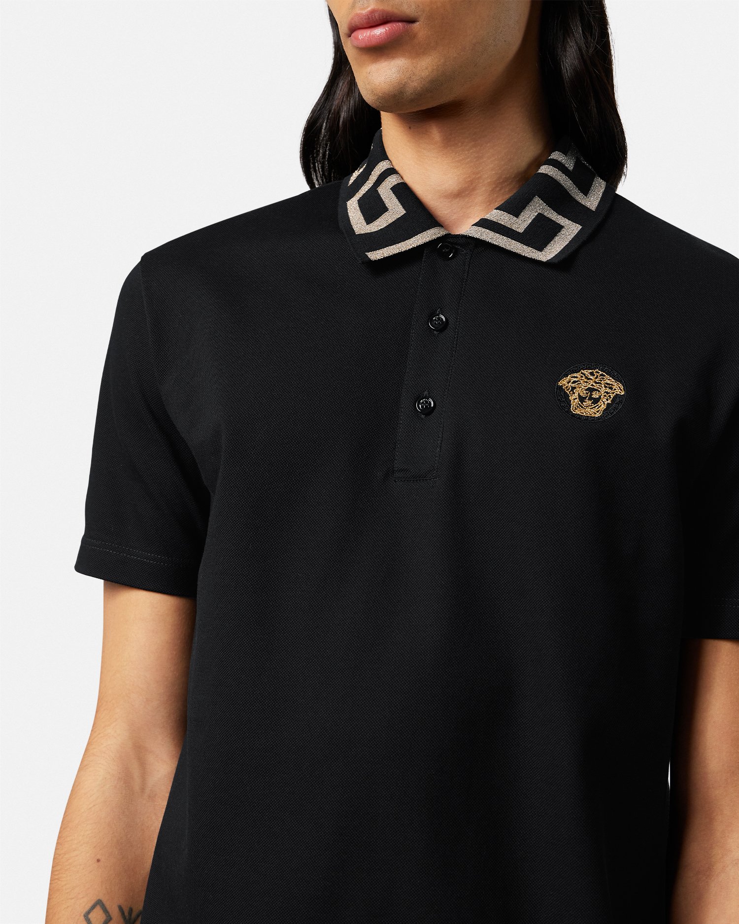 Embroidered Cotton Piqué Polo Black | VERSACE US