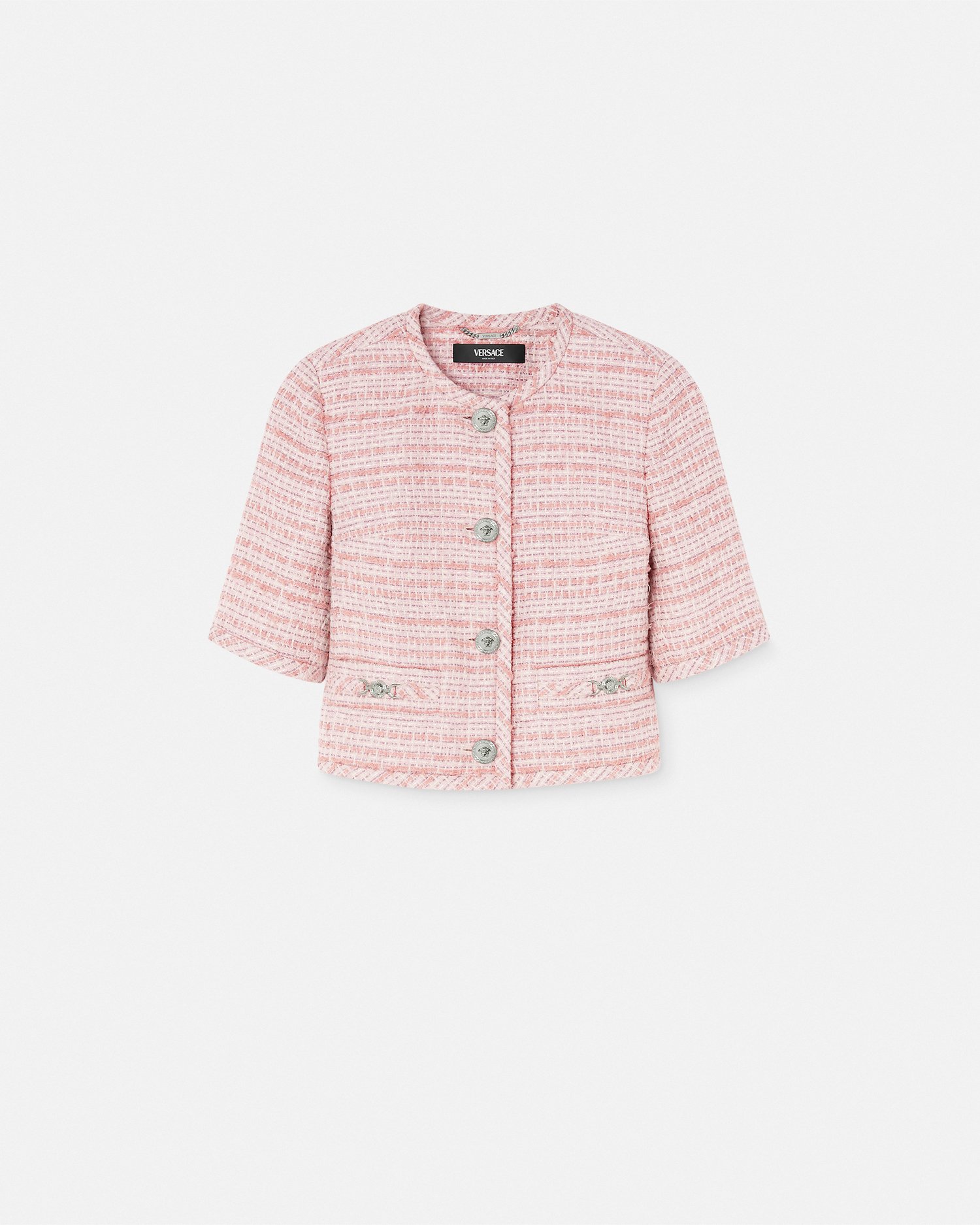 Versace Short-sleeve Single-breasted Mix Tweed Informal Jacket In Light Pink