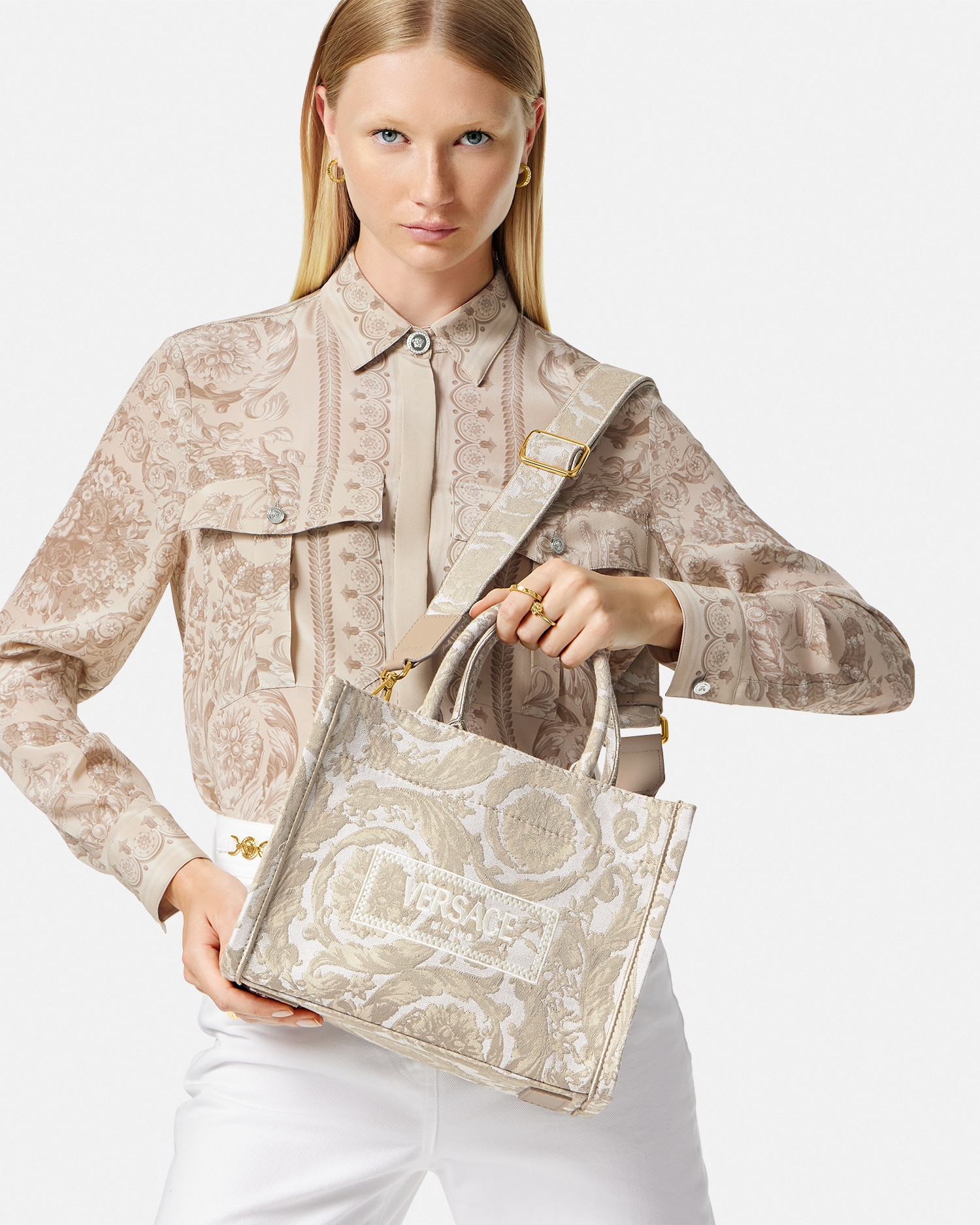 Versace Barocco Athena Small Tote Bag In Beige+print