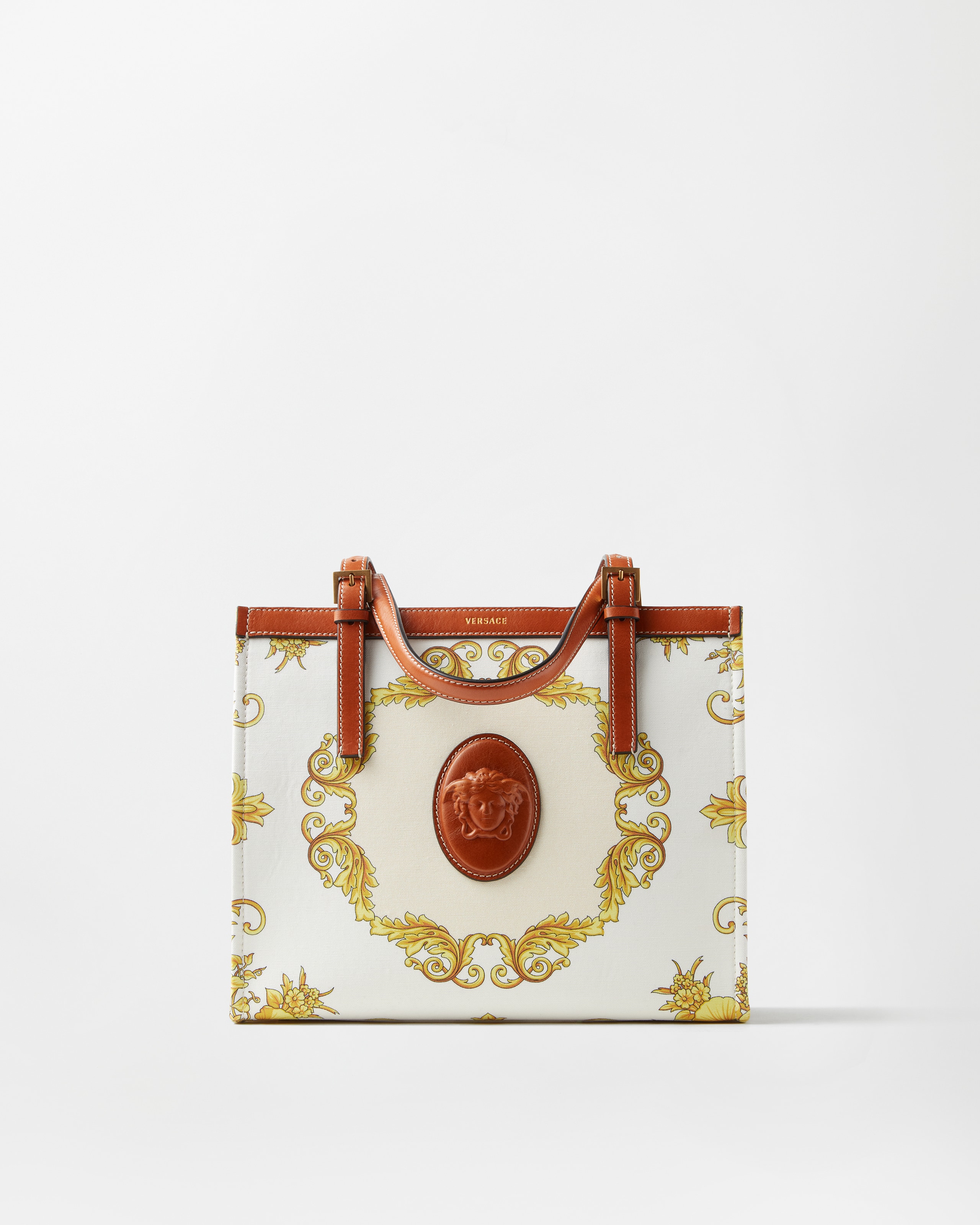Versace Rivière Printed Canvas Tote In White+gold