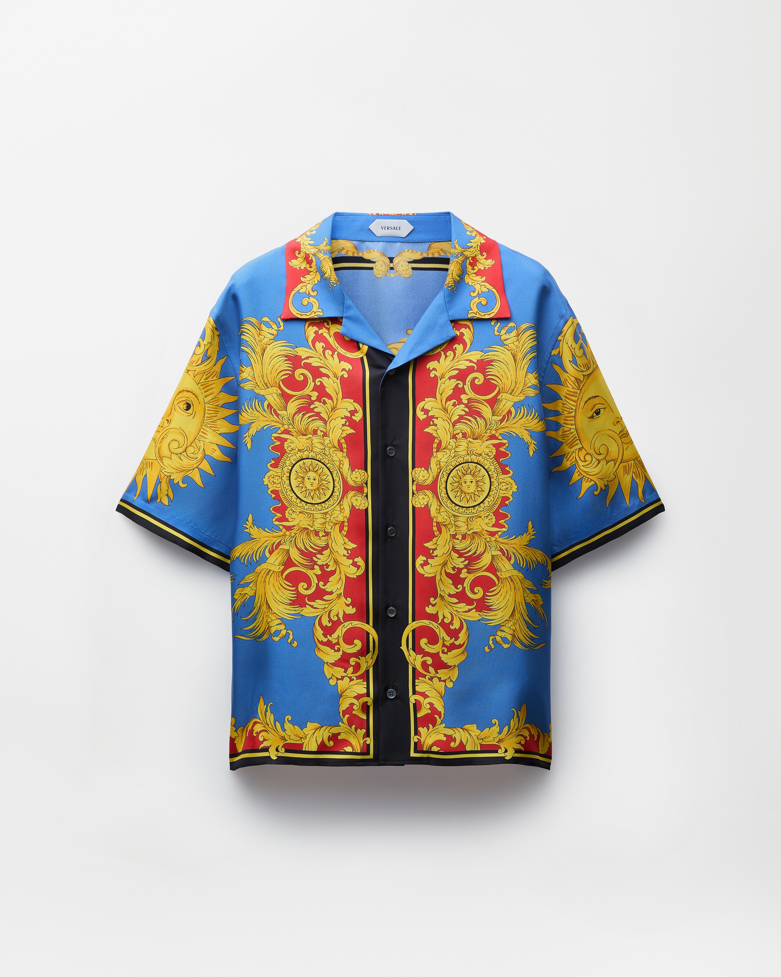 Versace Printed Silk Bowling Shirt In Blue