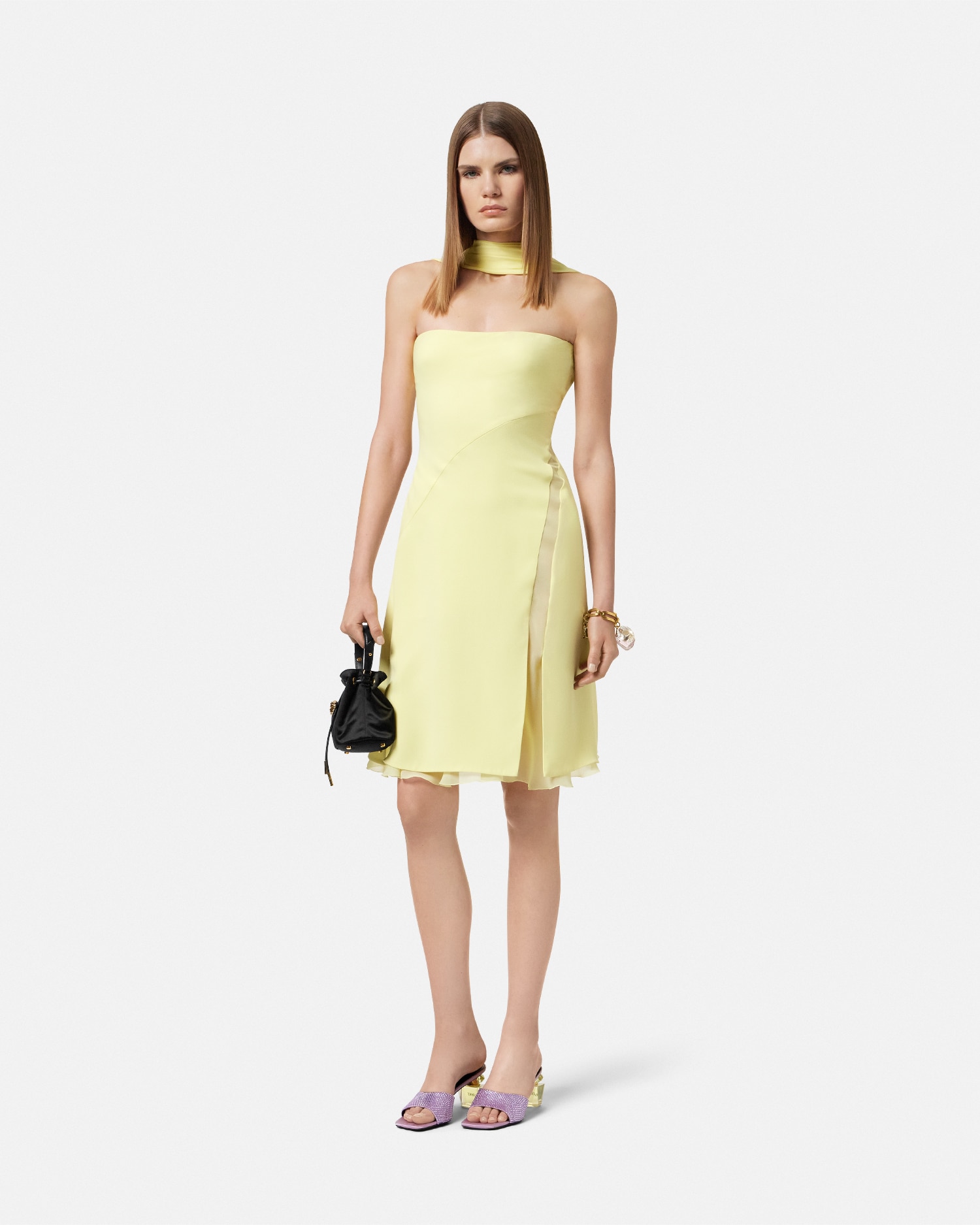 Versace Scarf-effect Cutout Chiffon-trimmed Silk-cady Mini Dress In Yellow