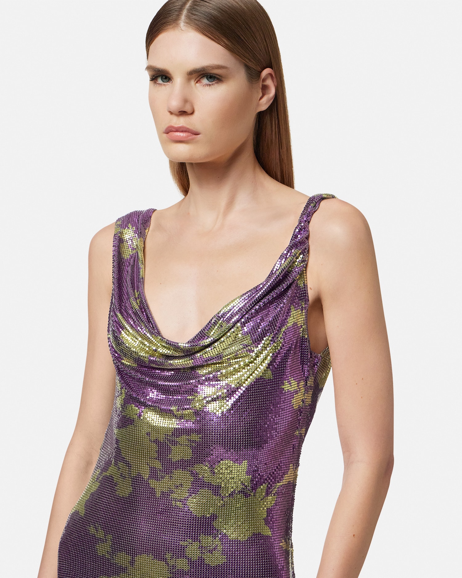 Wild Roses Metal Mesh Draped Midi Dress
