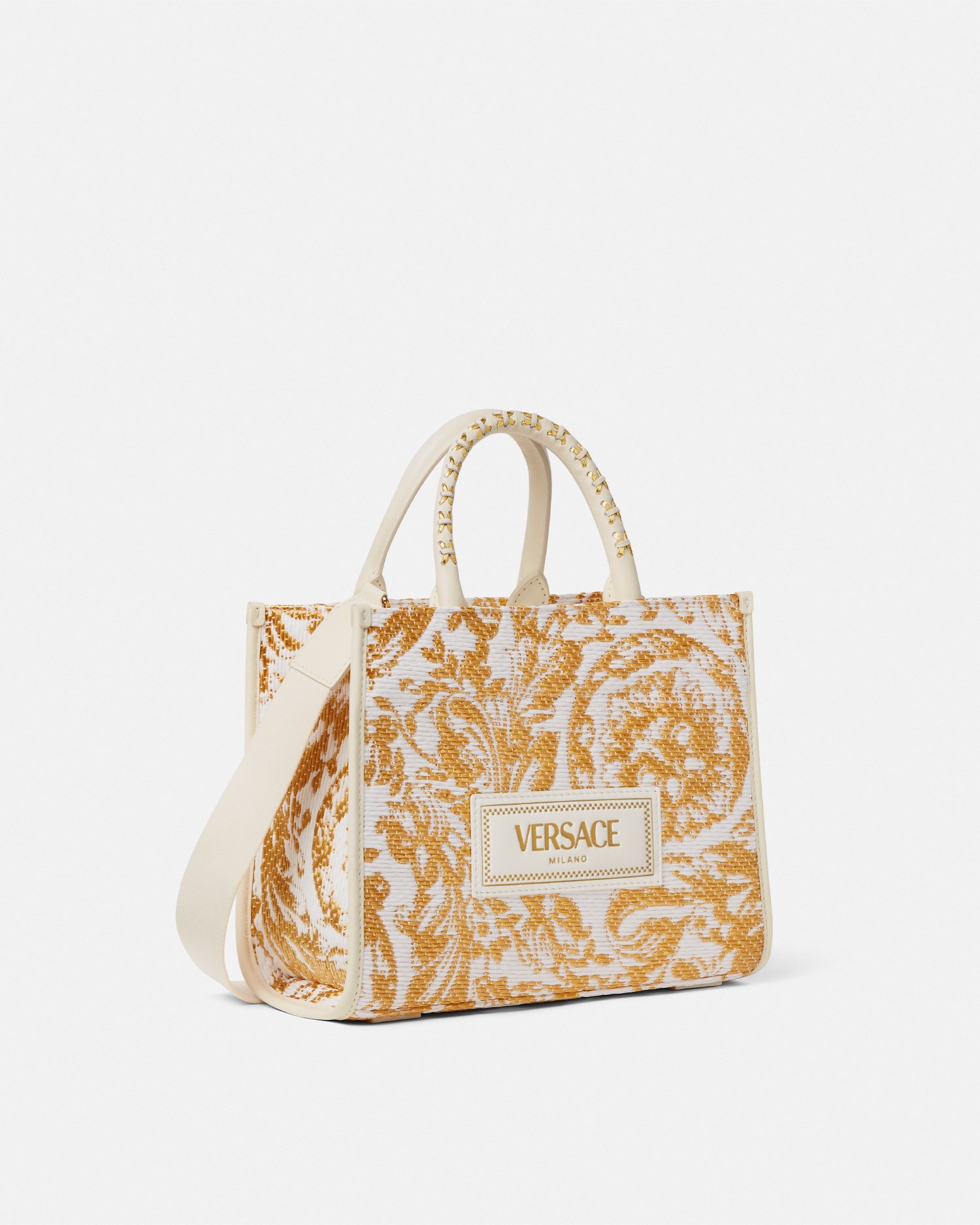 Athena Small Raffia Tote Pink,White | VERSACE US