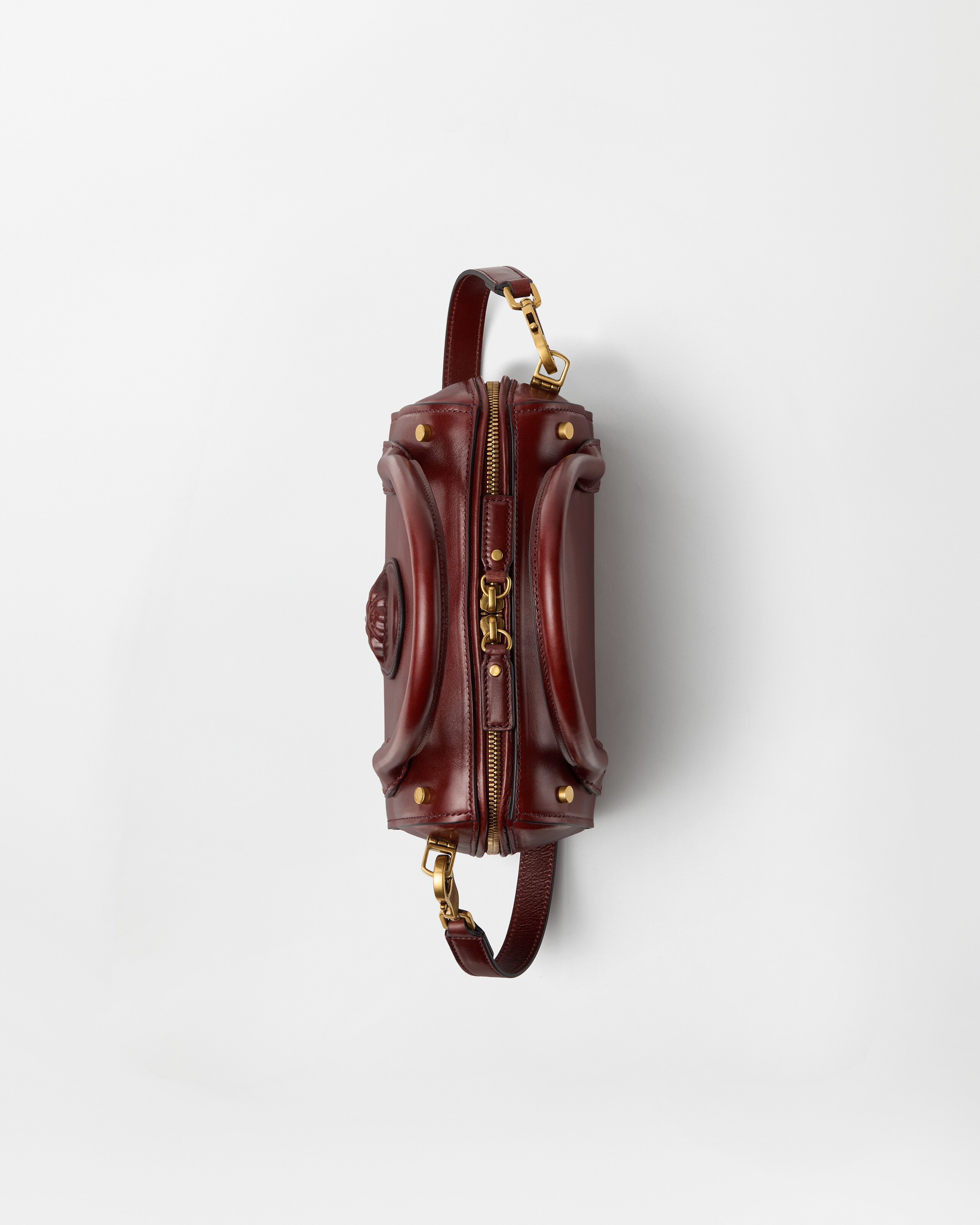 Roomy Small Leather Boston Bag Brown | VERSACE US