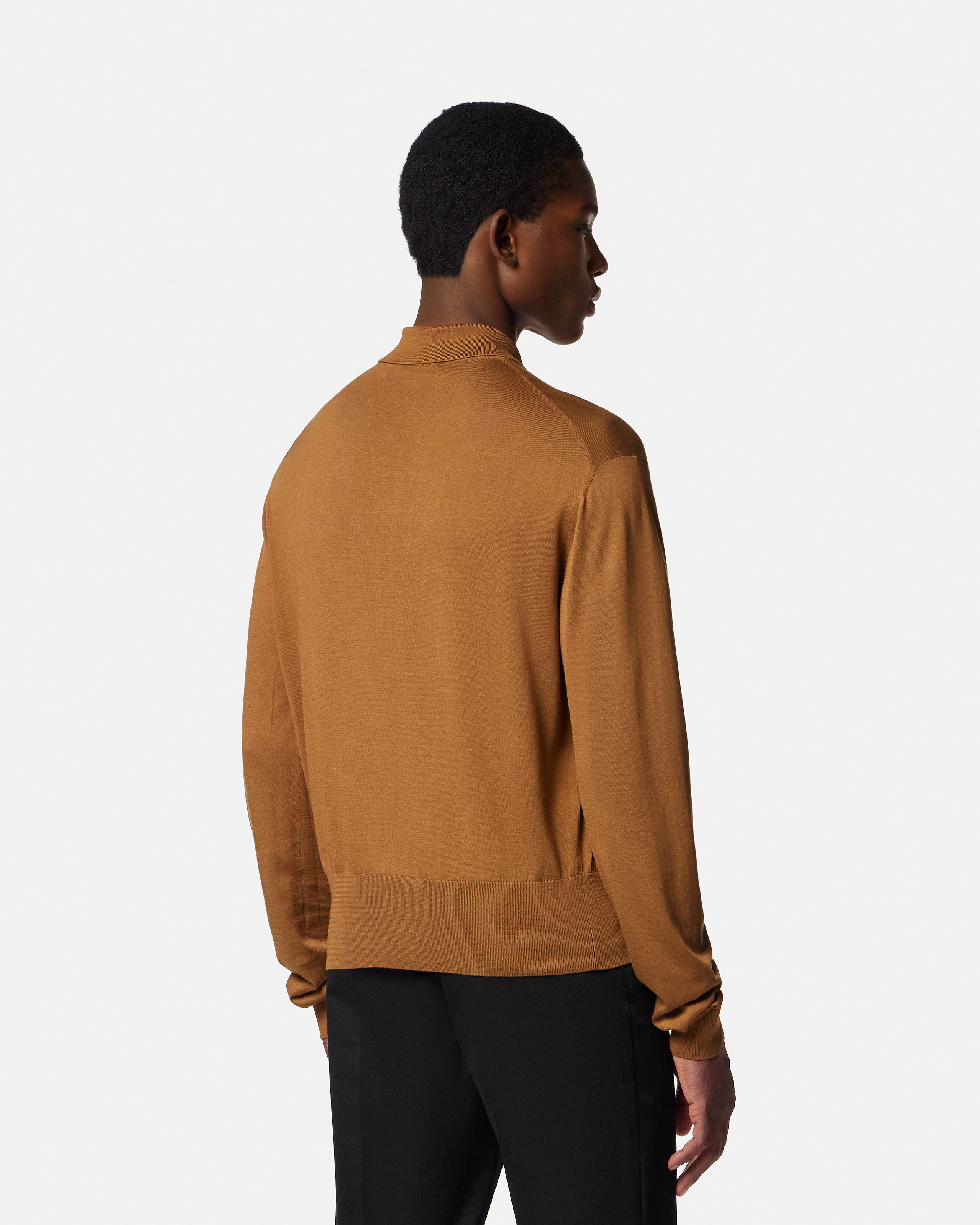 Silk-Cotton Knit Polo Cardigan Blue | VERSACE US