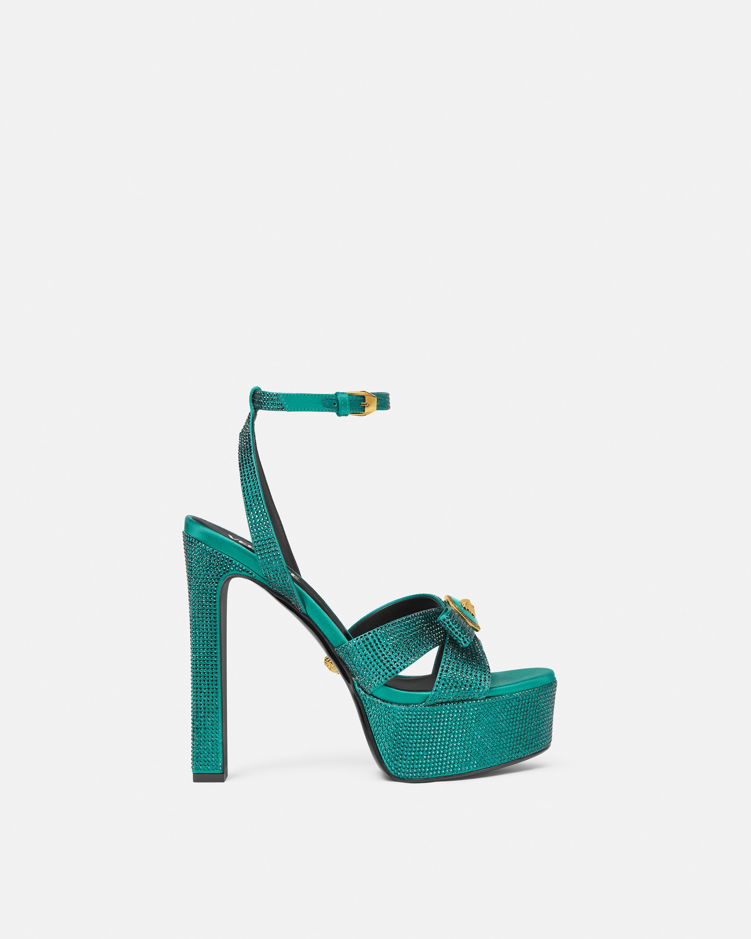Versace Crystal Gianni Ribbon Satin Sandals 5.5" In Green