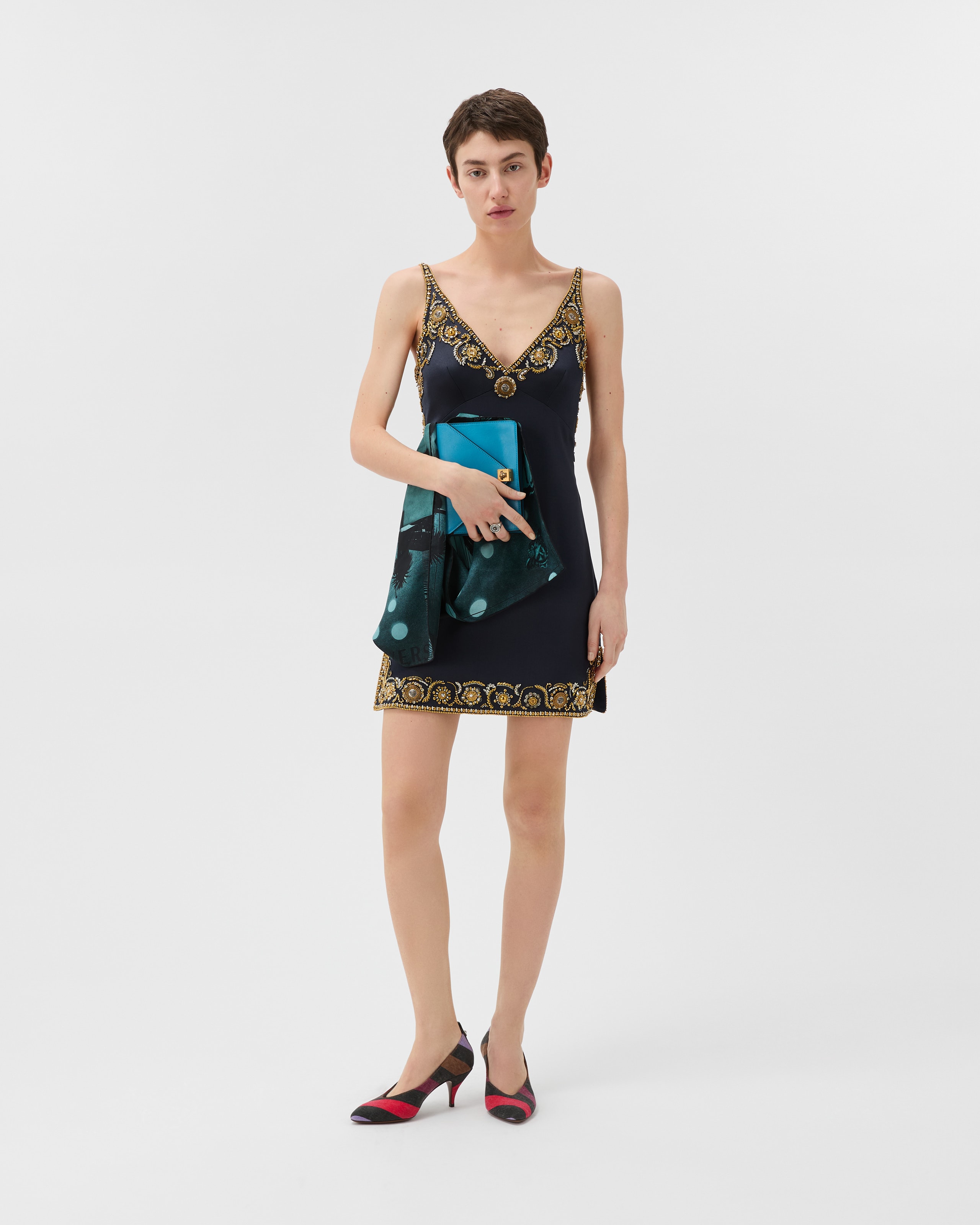 Embroidered Silk Cady Satin Mini Dress Blue | VERSACE US