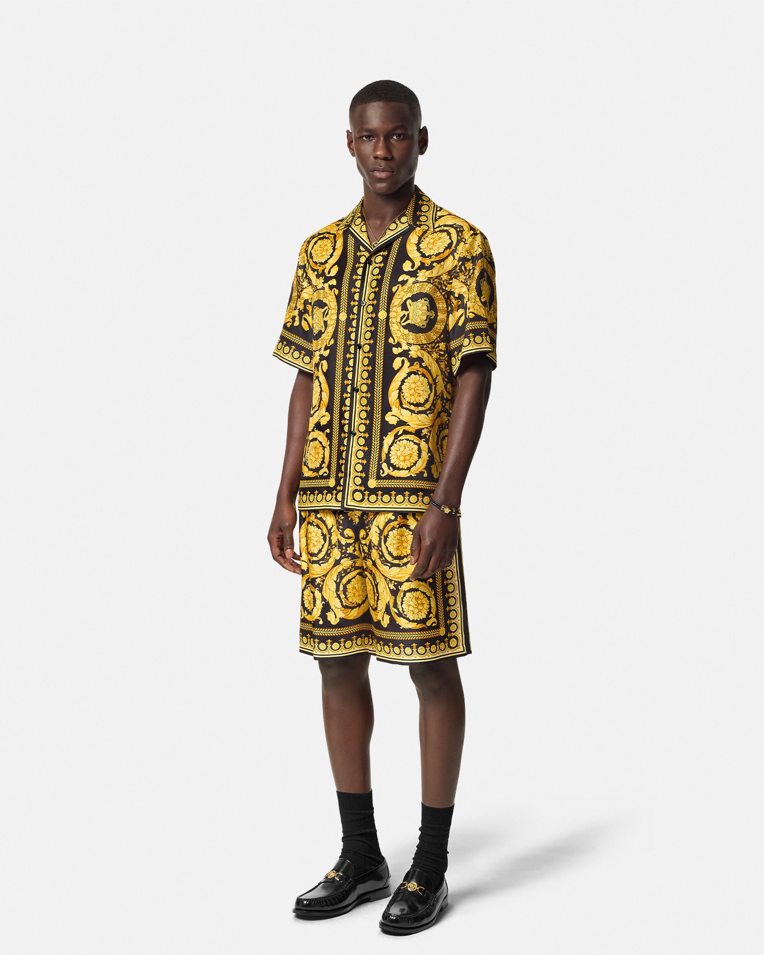 Printed Silk Twill Shorts Black,Print | VERSACE US