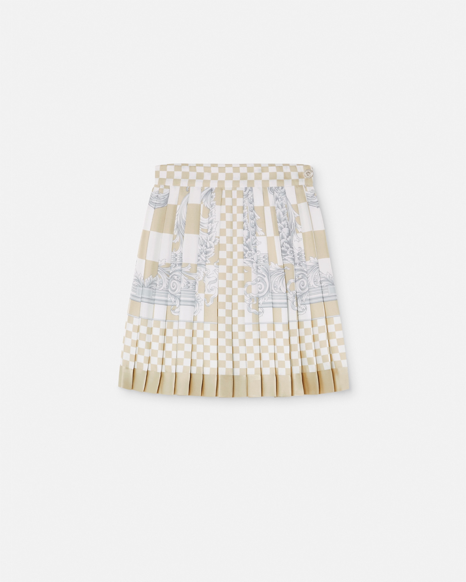 Versace Skirt Fabric Silver Baroque Crest Damier Print Silk Twill In Beige+print