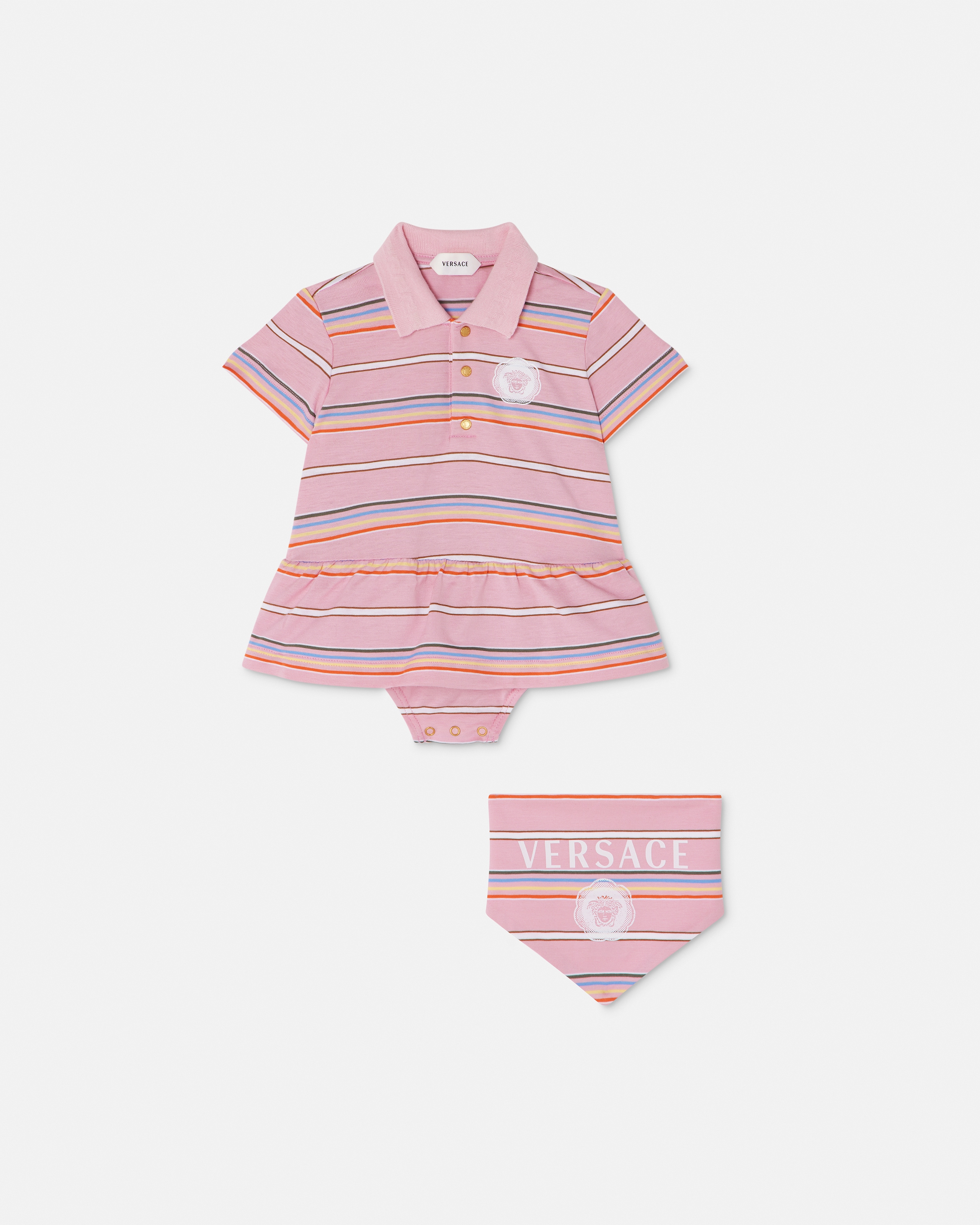 Versace Baby Printed Striped Shirt Dress And Bandana Bib Set In Pink