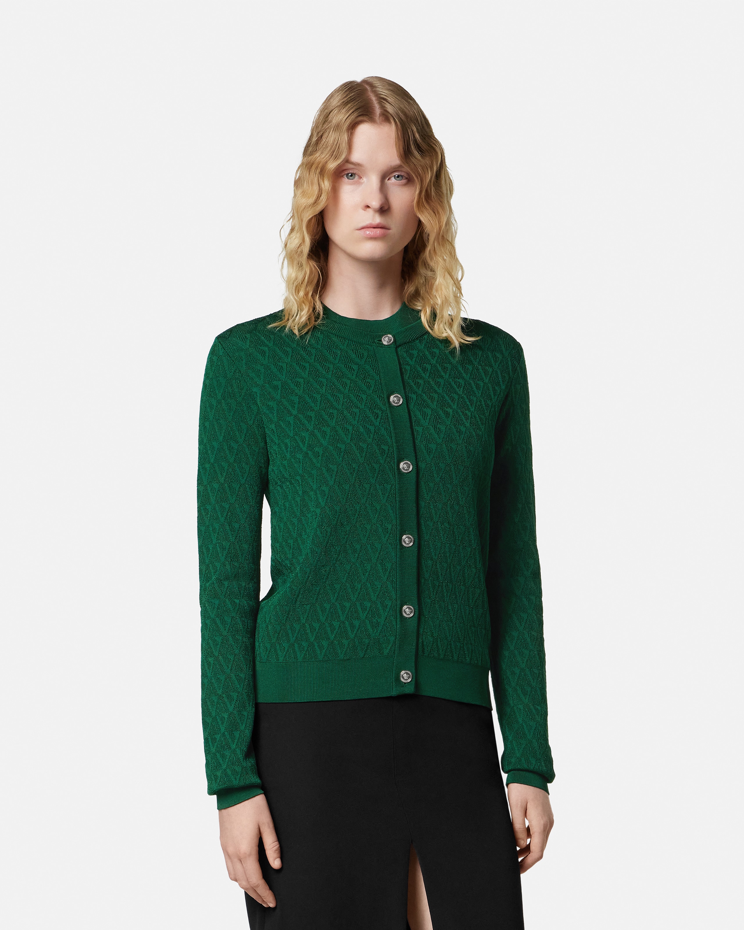 Jacquard Viscose Knit Fitted Cardigan Green | VERSACE US