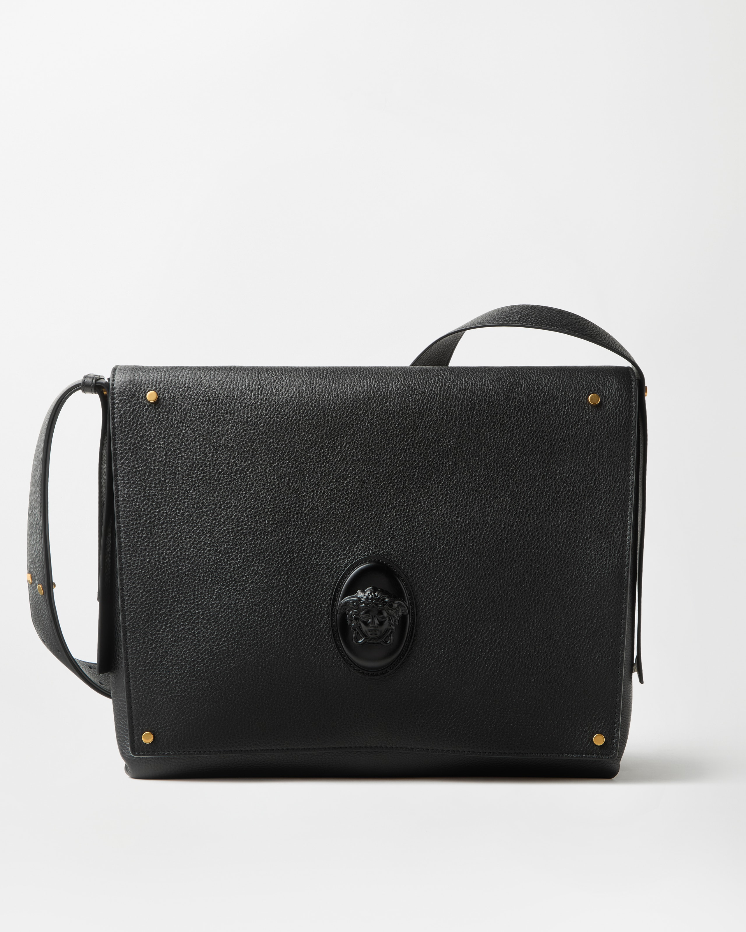 Versace Lou Large Leather Messenger Bag In Black