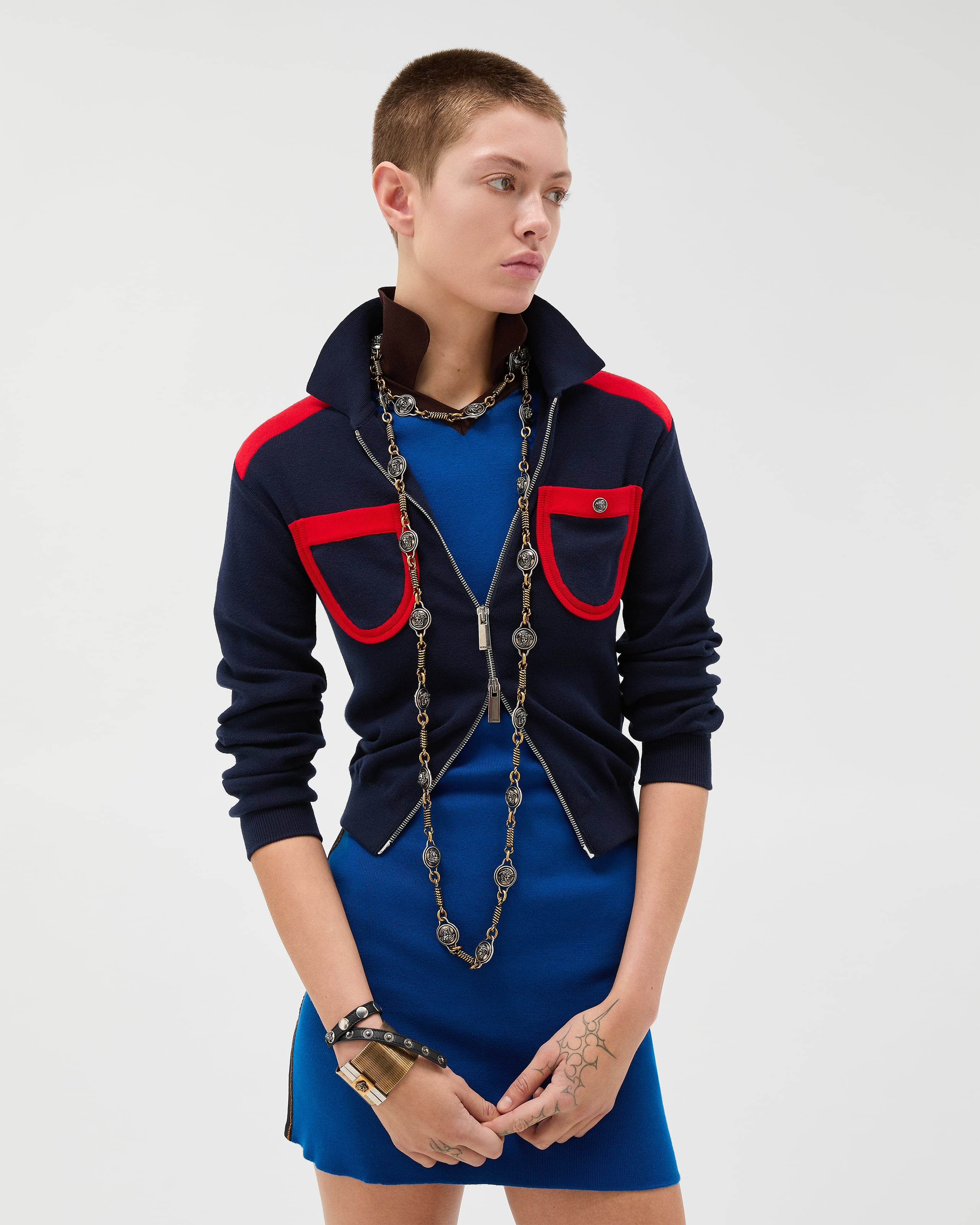 Cotton Knit Zip Cardigan Blue | VERSACE US