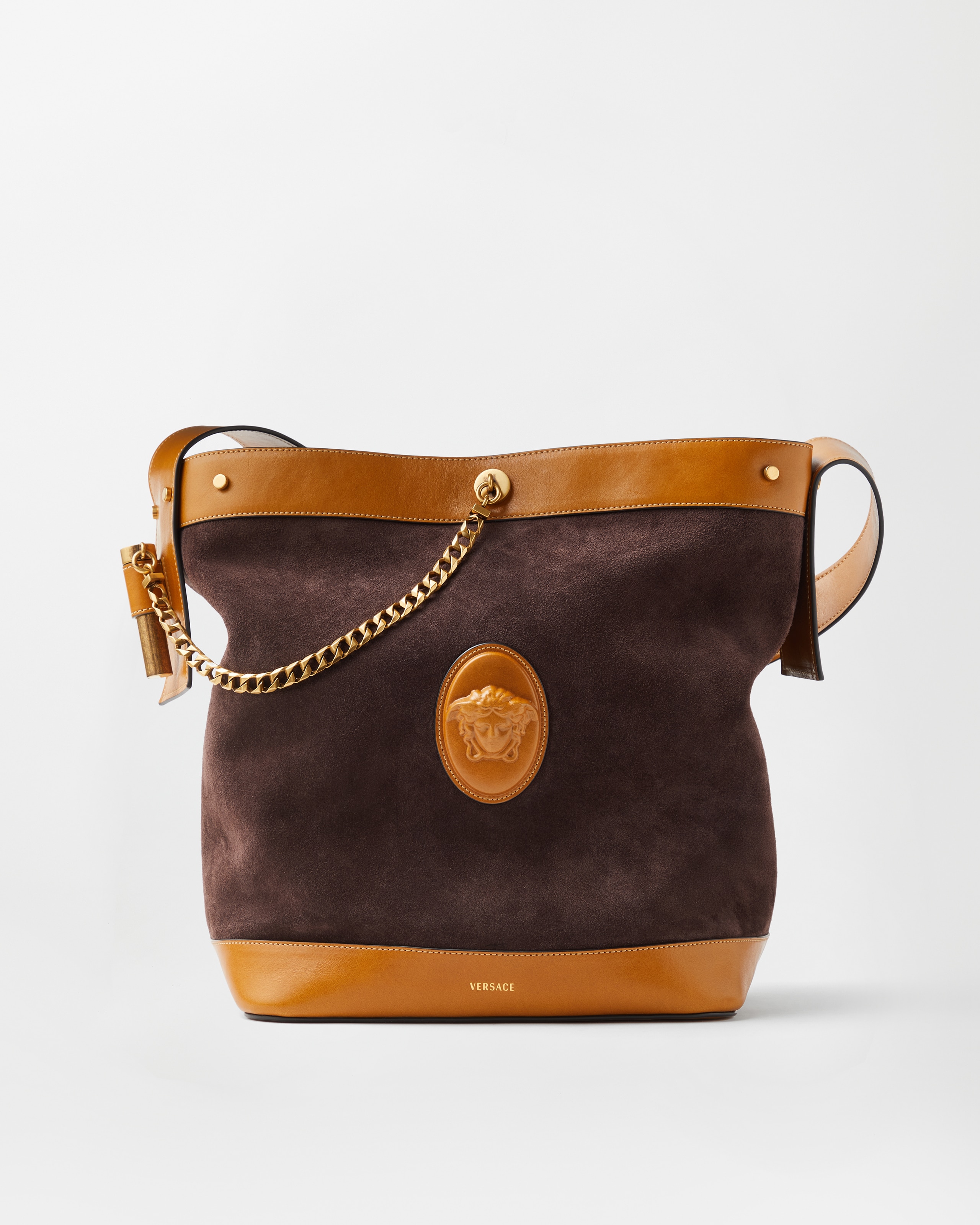 Versace Pivot Large Suede Bucket Bag In Brown