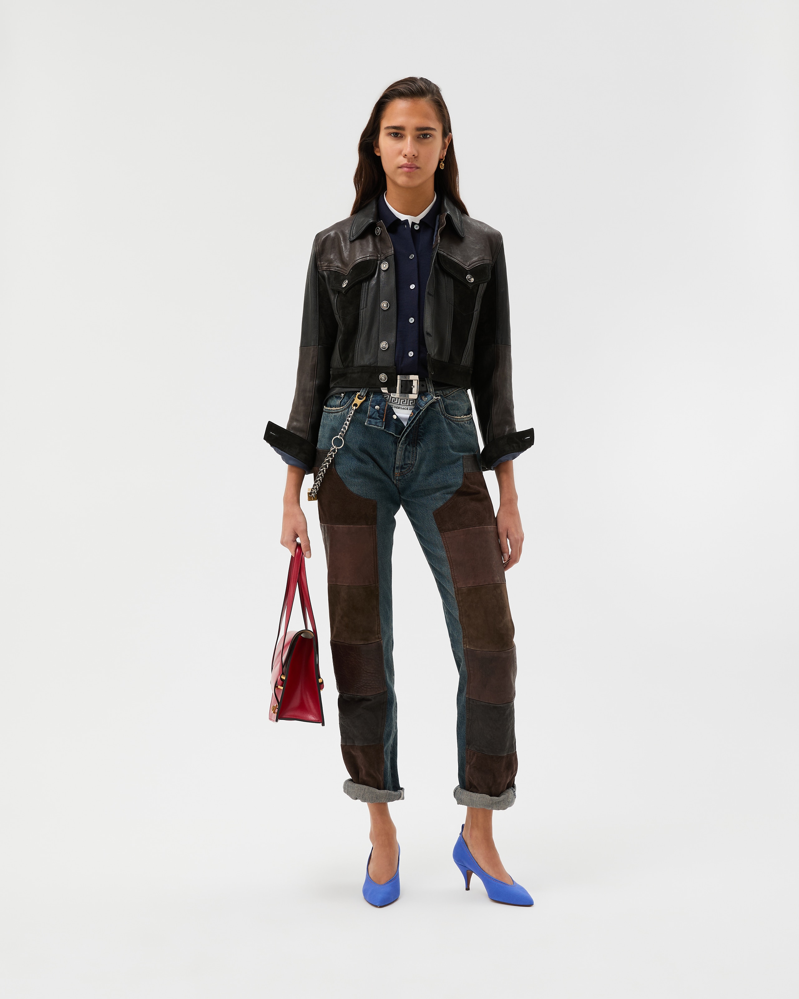 Versace Gender Inclusive Leather Patchwork Straight Leg Jeans In Blue