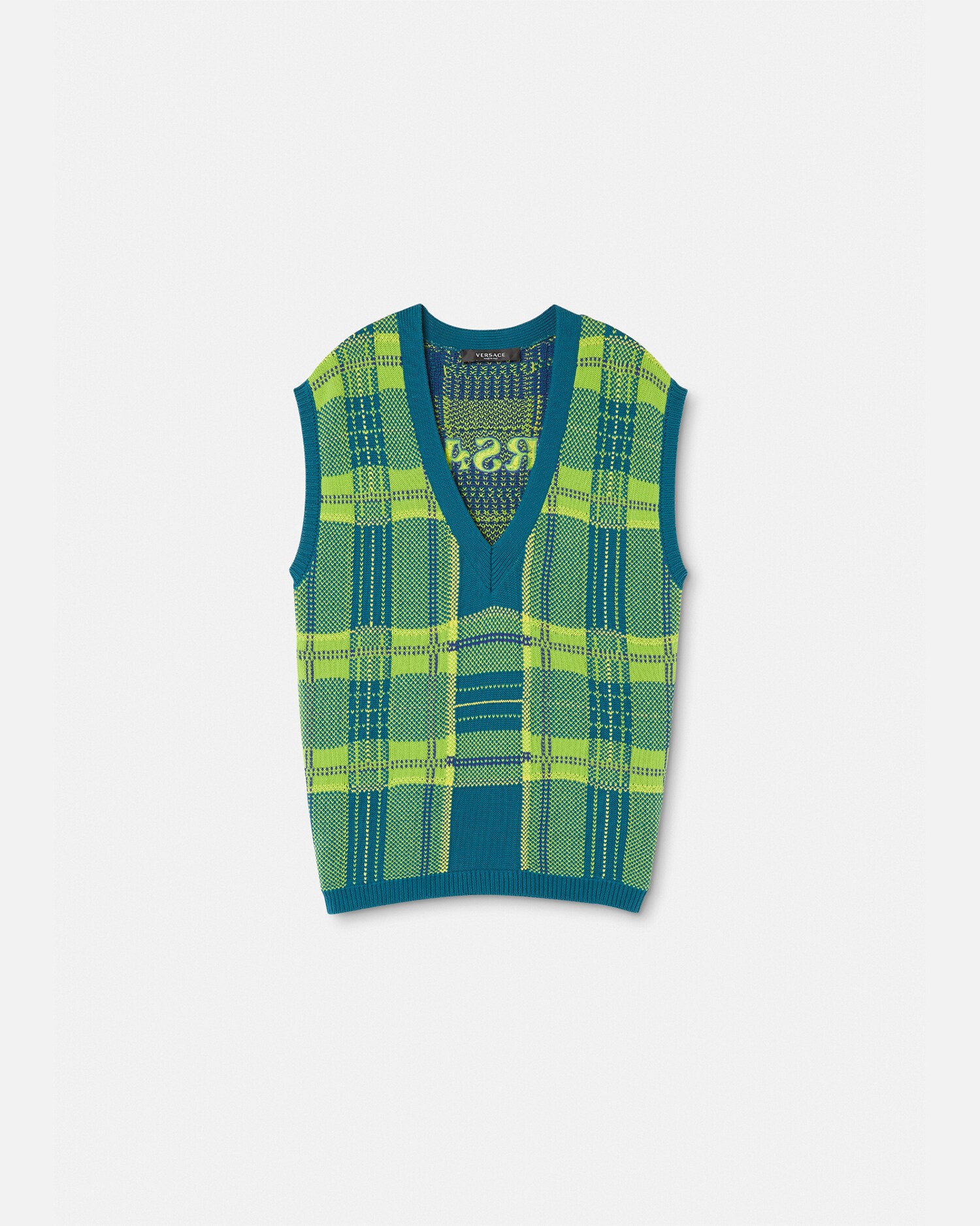 Versace Checkered Knitted Vest In Blue+yellow