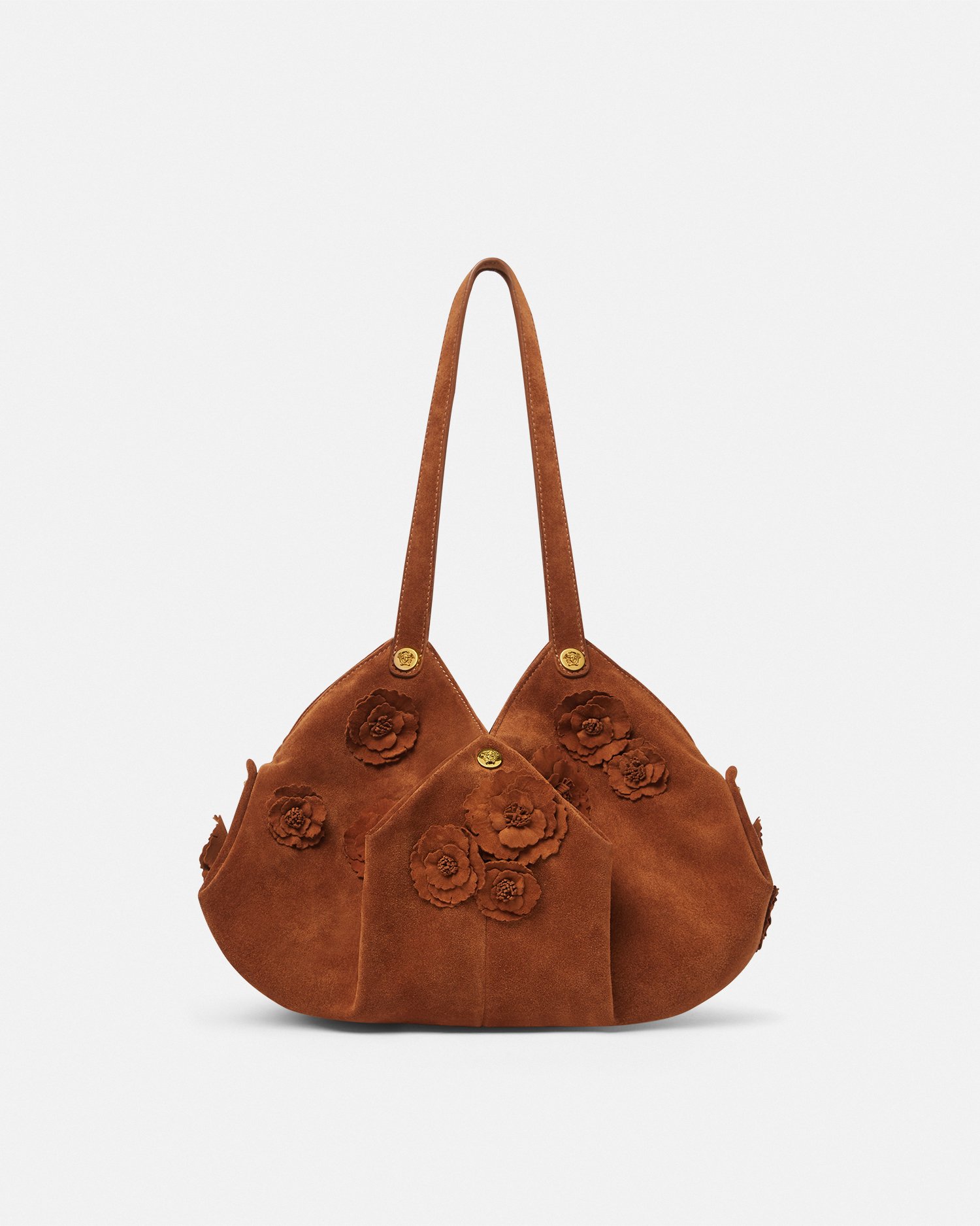 Versace Floral Protea Suede Shoulder Bag In Brun+or