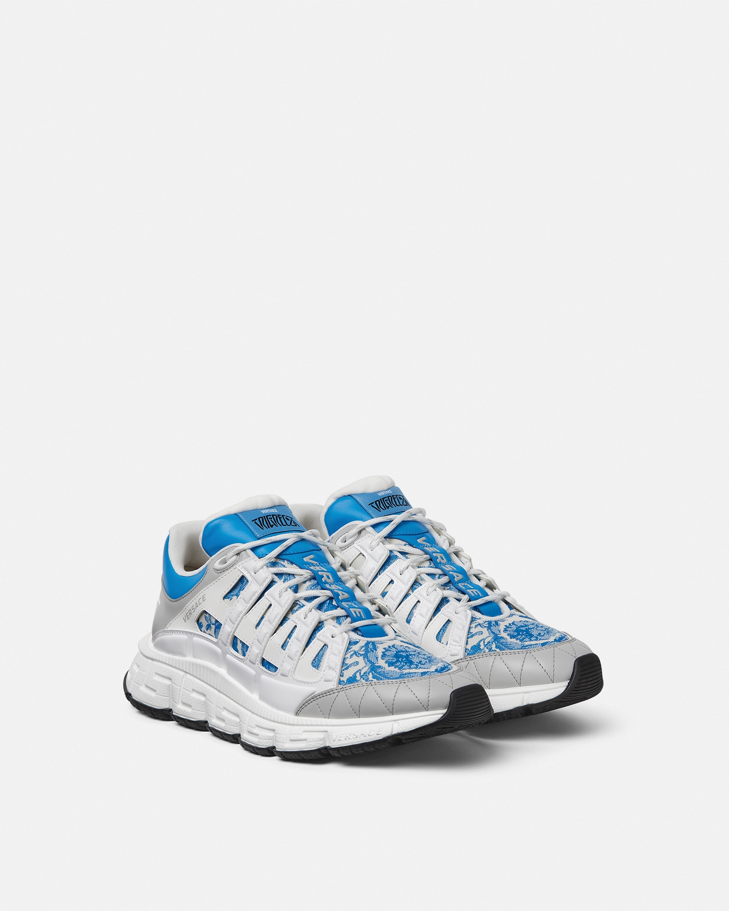 Trigreca Jacquard Leather Sneakers White,Blue | VERSACE US