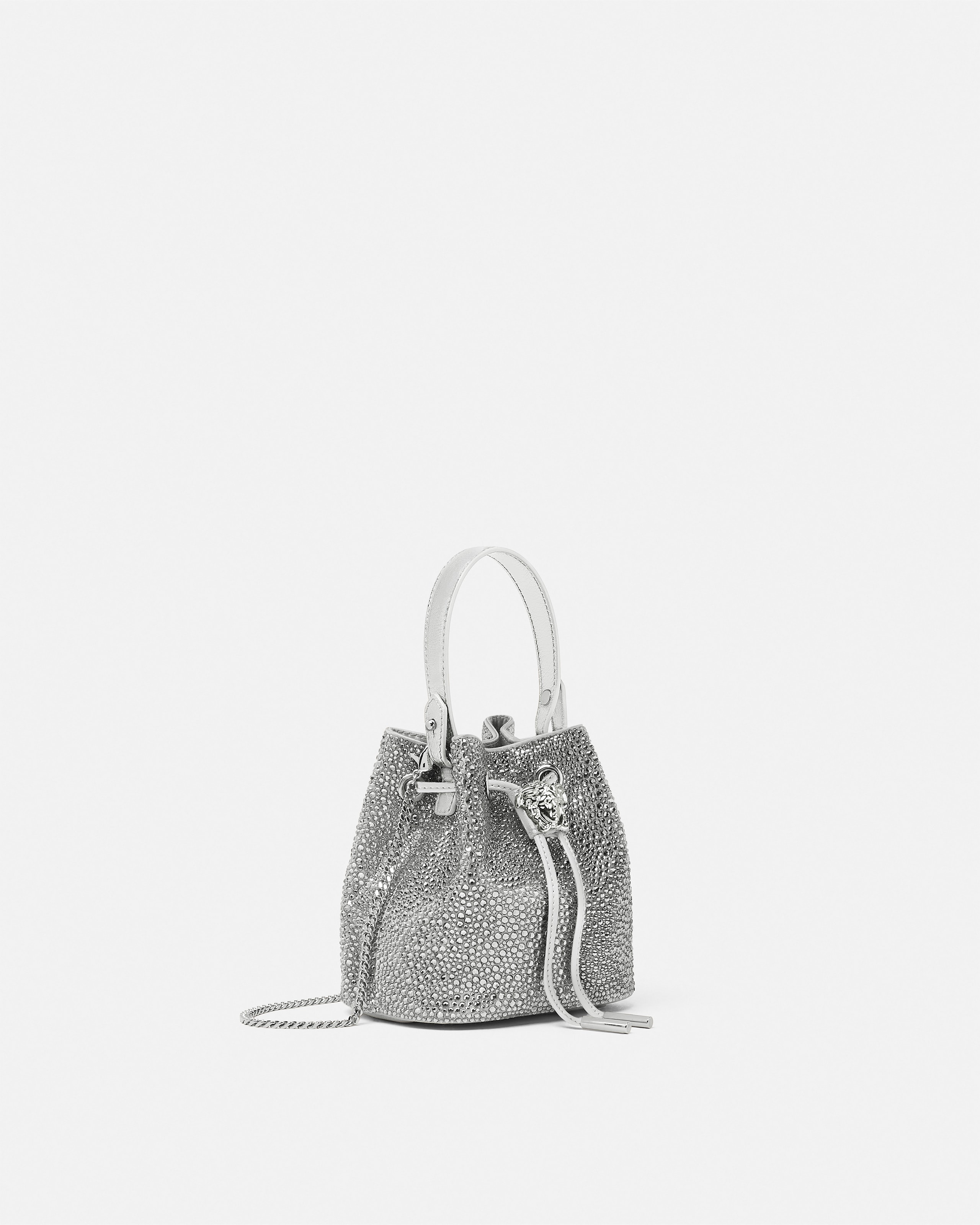 Versace Crystal La Medusa Mini Bucket Bag In Silver