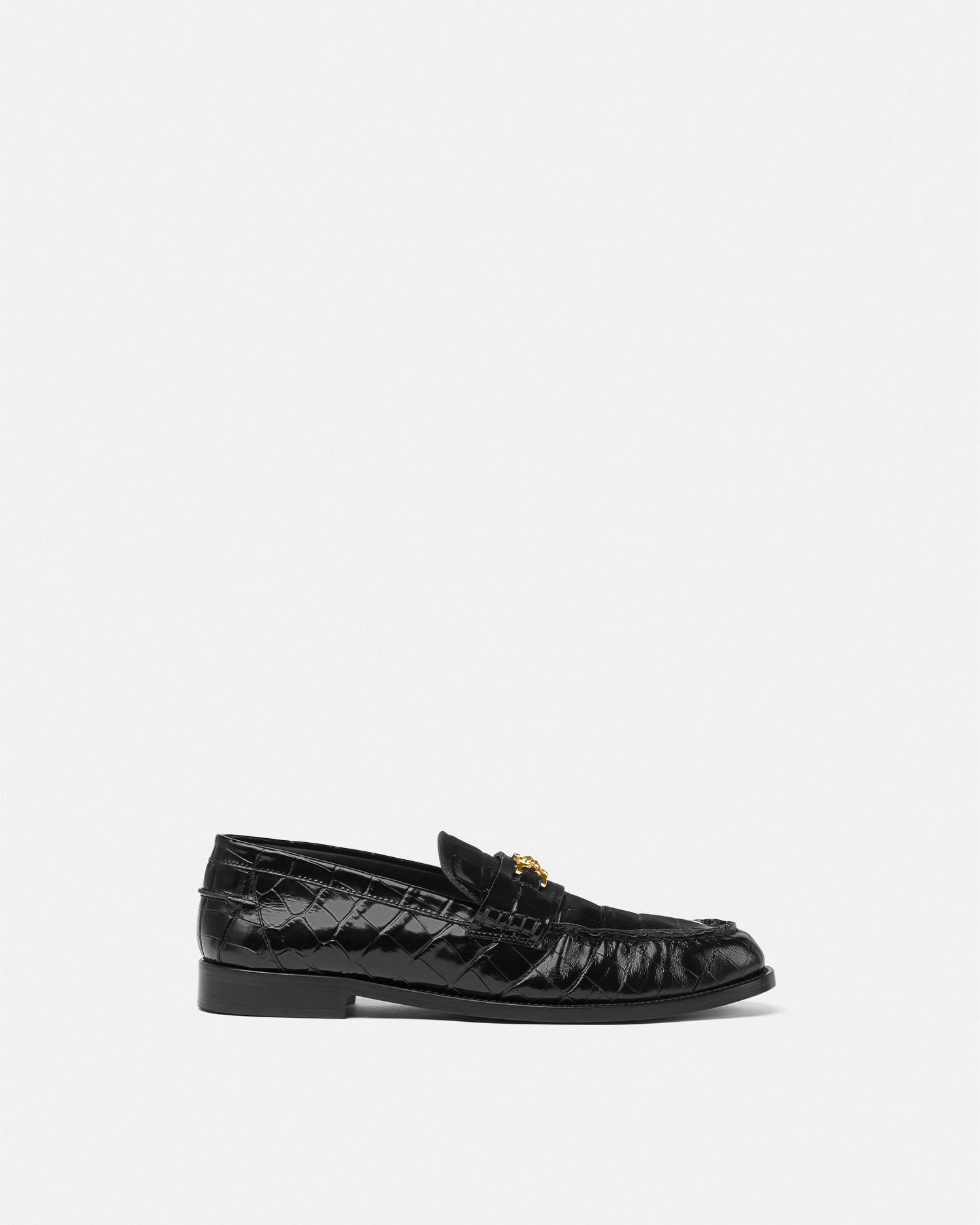 Shop Versace Croc-effect Medusa '95 Loafers In Black+gold