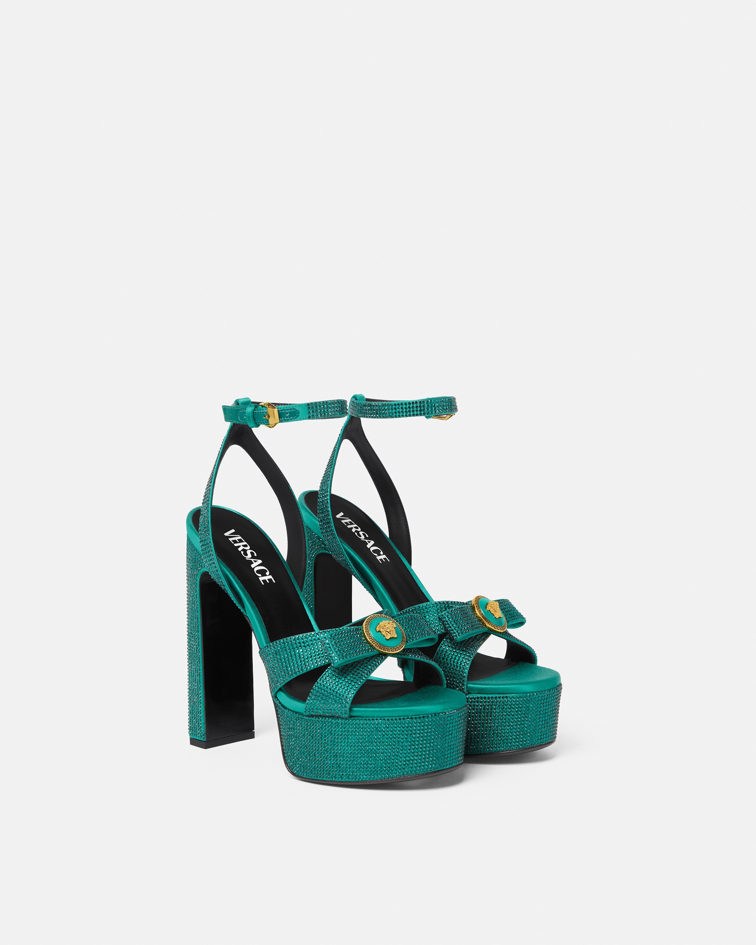 Versace Crystal Gianni Ribbon Satin Sandals 5.5" In Green