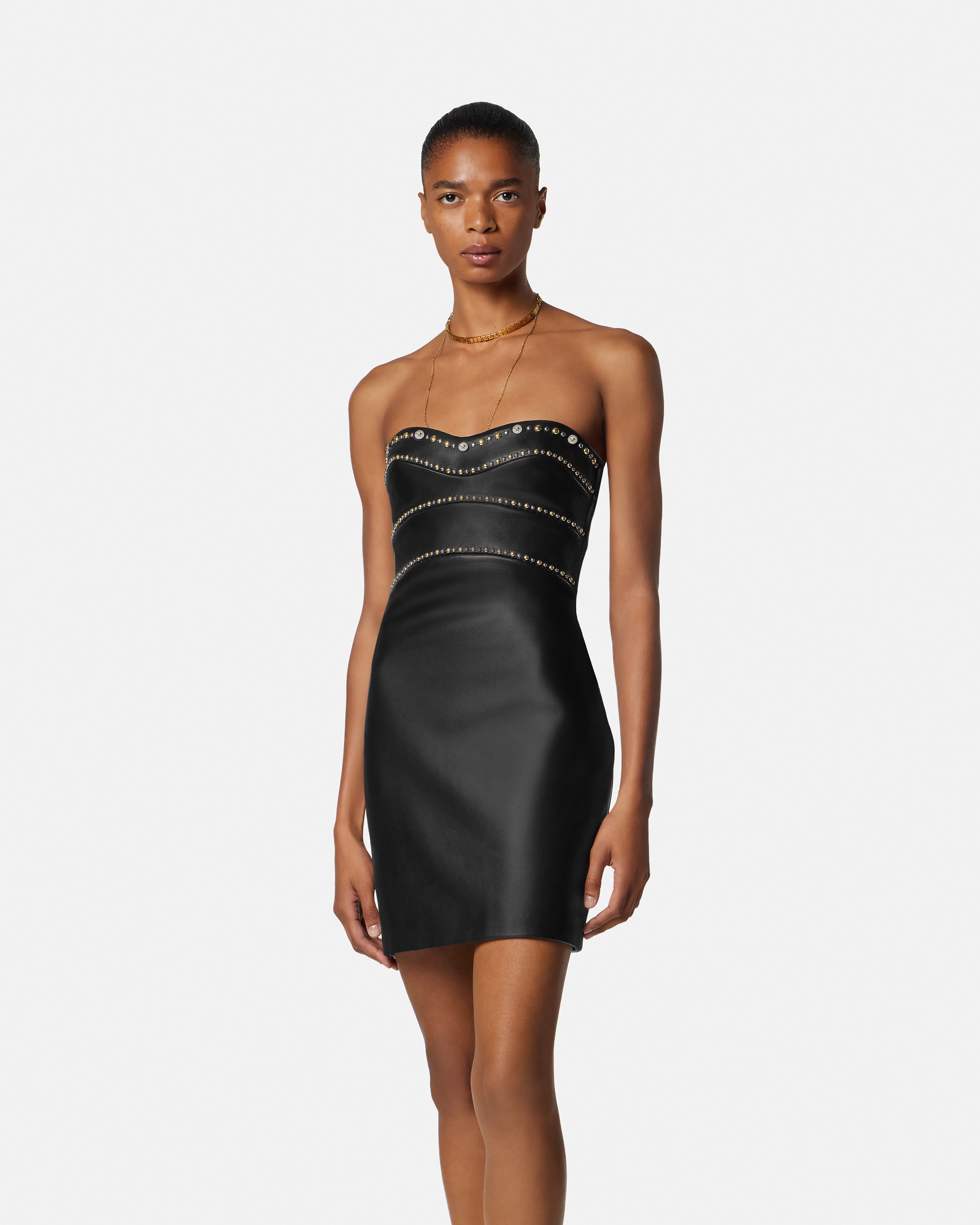 versace leather mini dress Versace Embellished Leather Mini Dress, Female, Black, 38