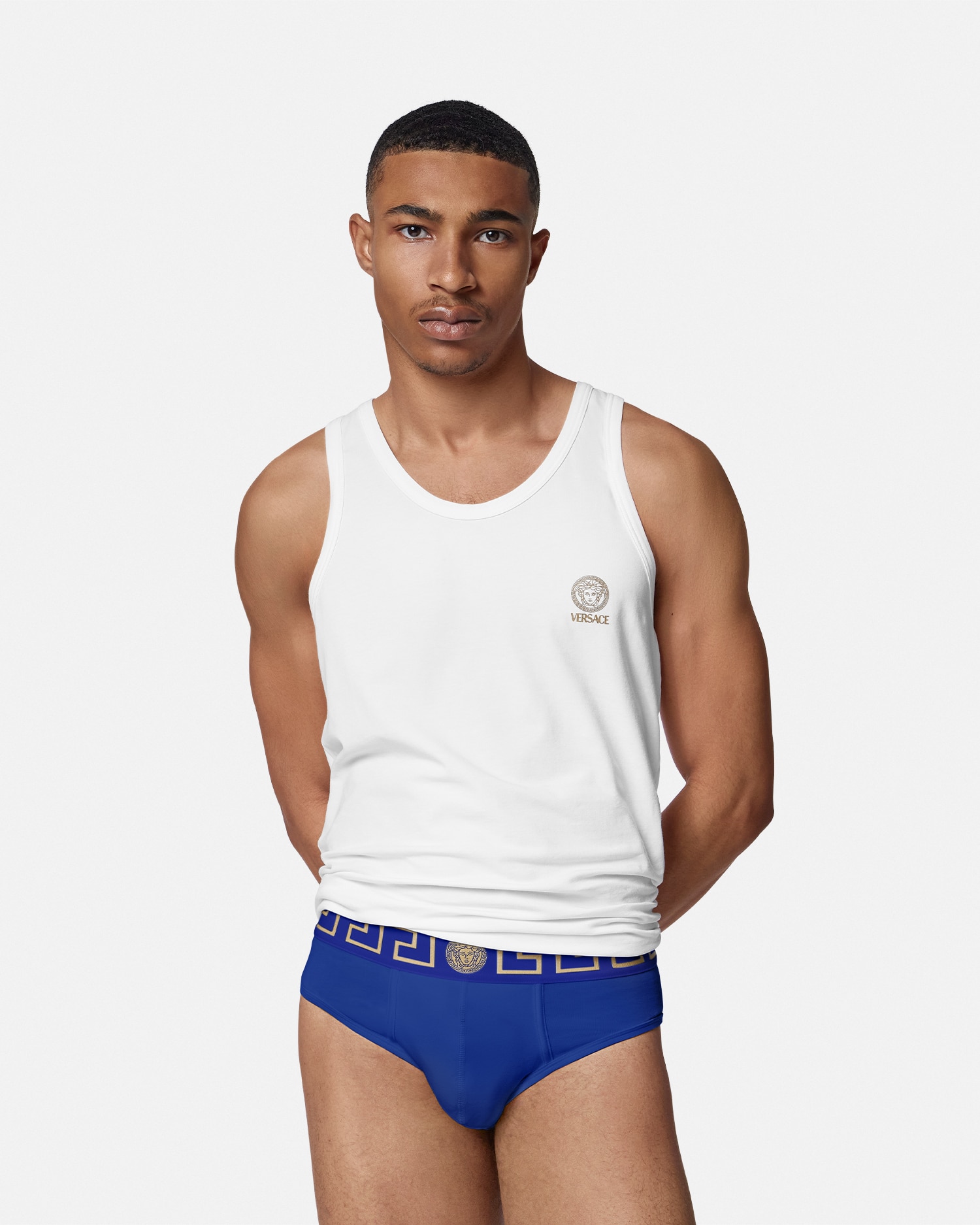 Versace Greca Border Briefs In Bleu