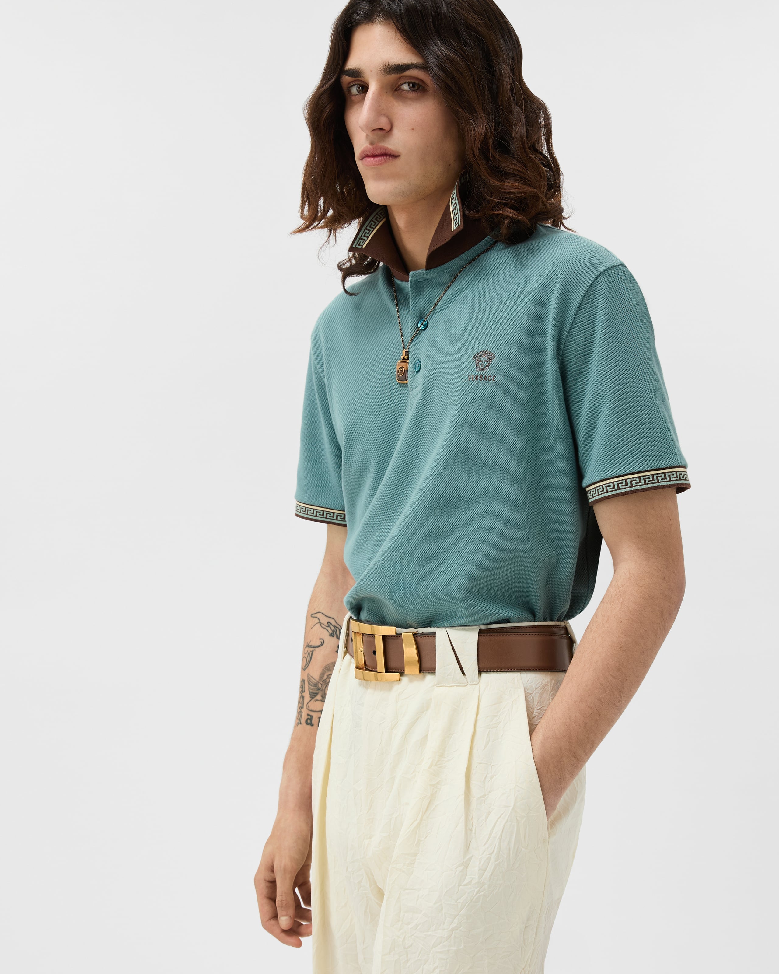 Embroidered-Logo Cotton Piqué Polo Blue | VERSACE US