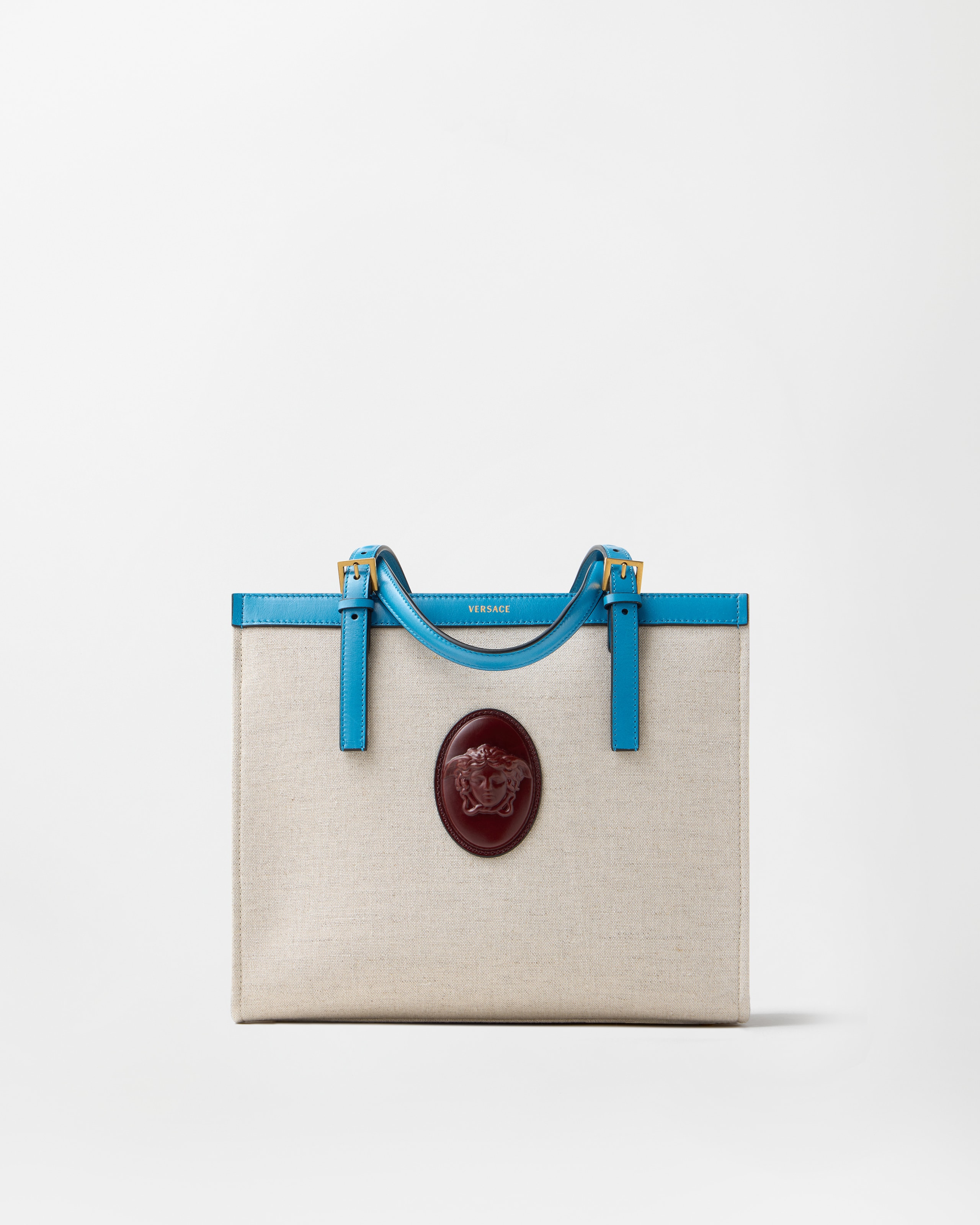 Versace Rivière Canvas Tote In Light Blue