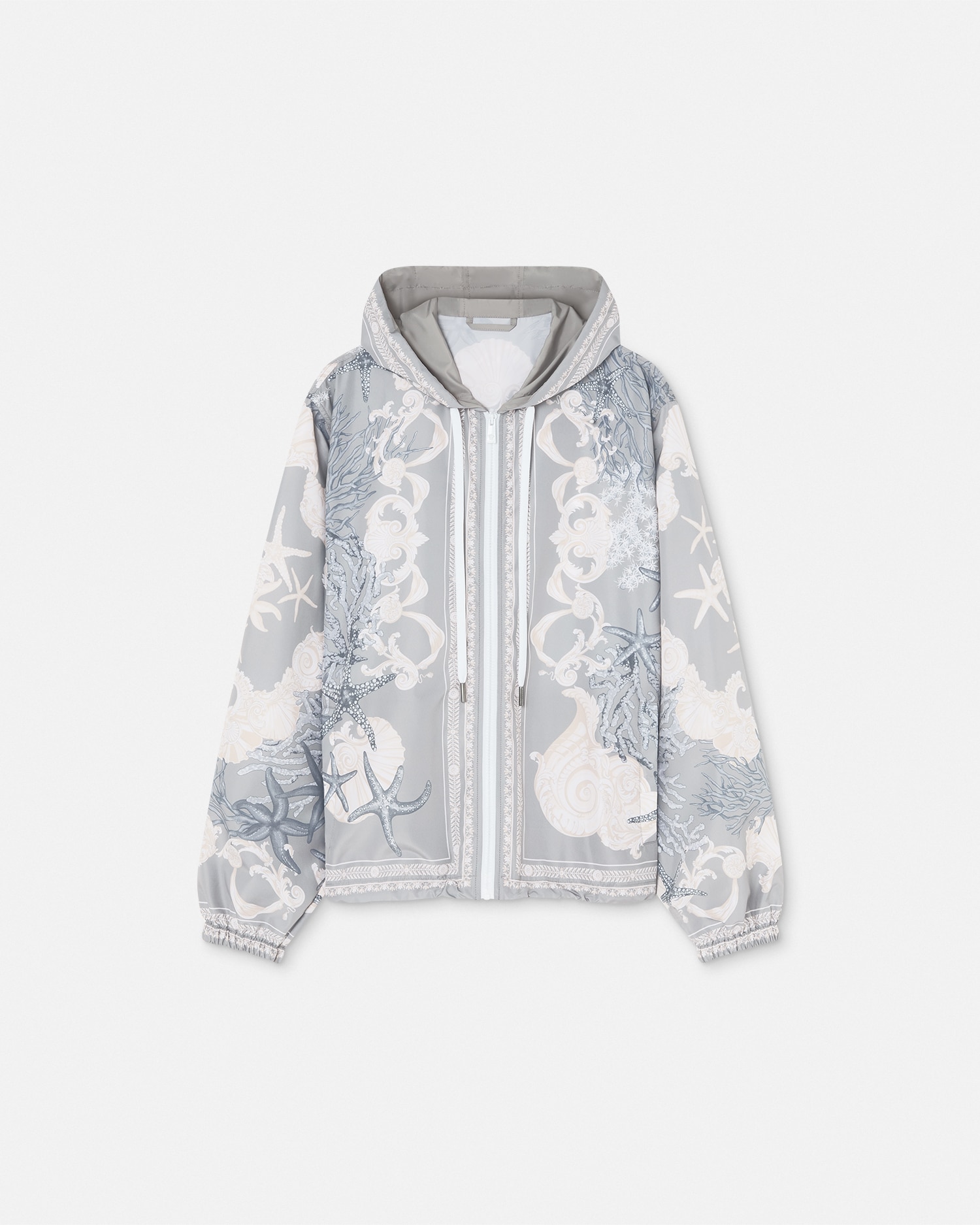 Versace Barocco Sea Hooded Windbreaker Jacket In Blue+print