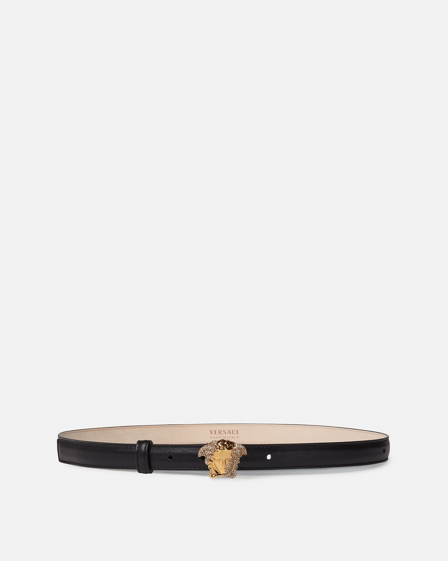 Versace Crystal La Medusa Thin Leather Belt In Black