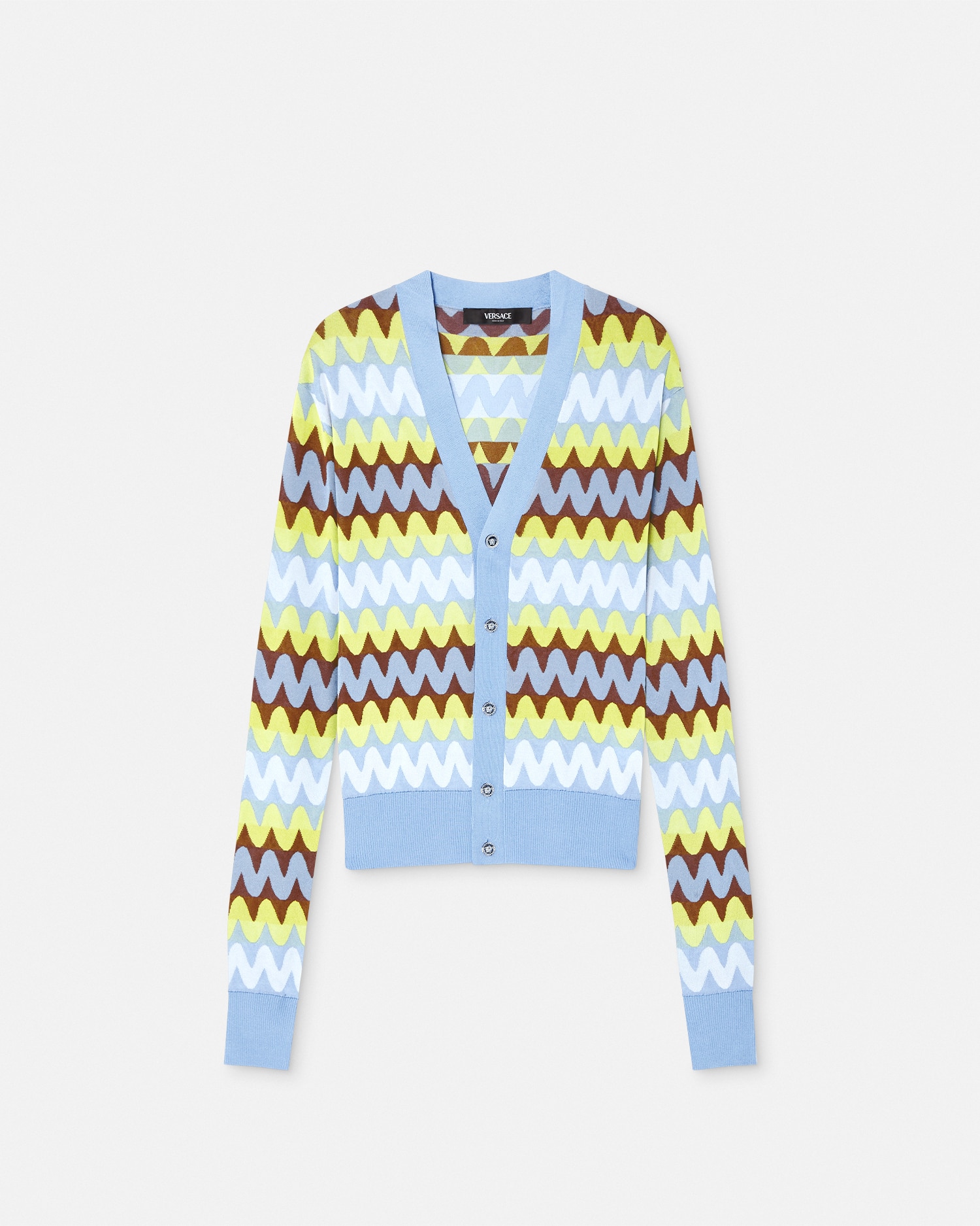 Versace Cardigan Wave En Maille In Bleu Clair+multicolore